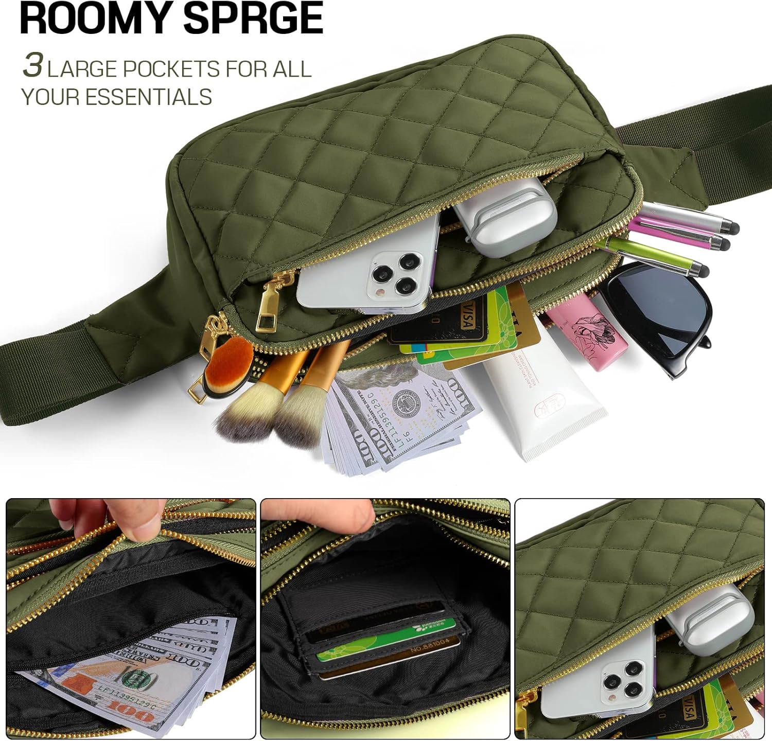 CXWMZY Fashion Fanny Packs for Women & Men, Girls Boys Teens Waist Bag Hip Bum Bag Cute Fanny Pack Casual Bum Bag with Multi-Pockets Adjustable Belts for Disney Traveling Cycling Running (Green) - Image 3