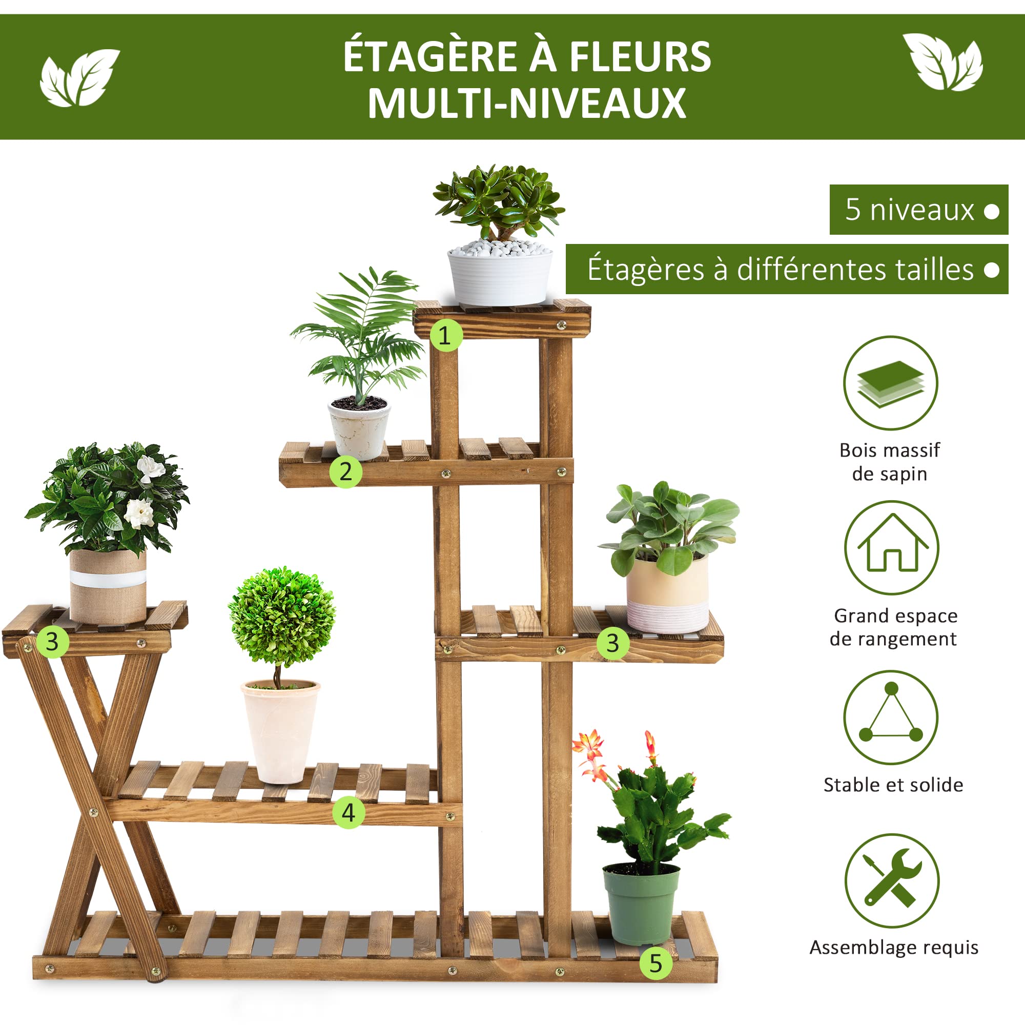 Outsunny Étagère à Fleurs en Bois Supports de Pots Porte Plante Bois 6 tablettes - dim. 98L x 28l x 95H cm - Bois de Sapin traité carbonisation pour Intérieur Jardin Terrasse Balcon