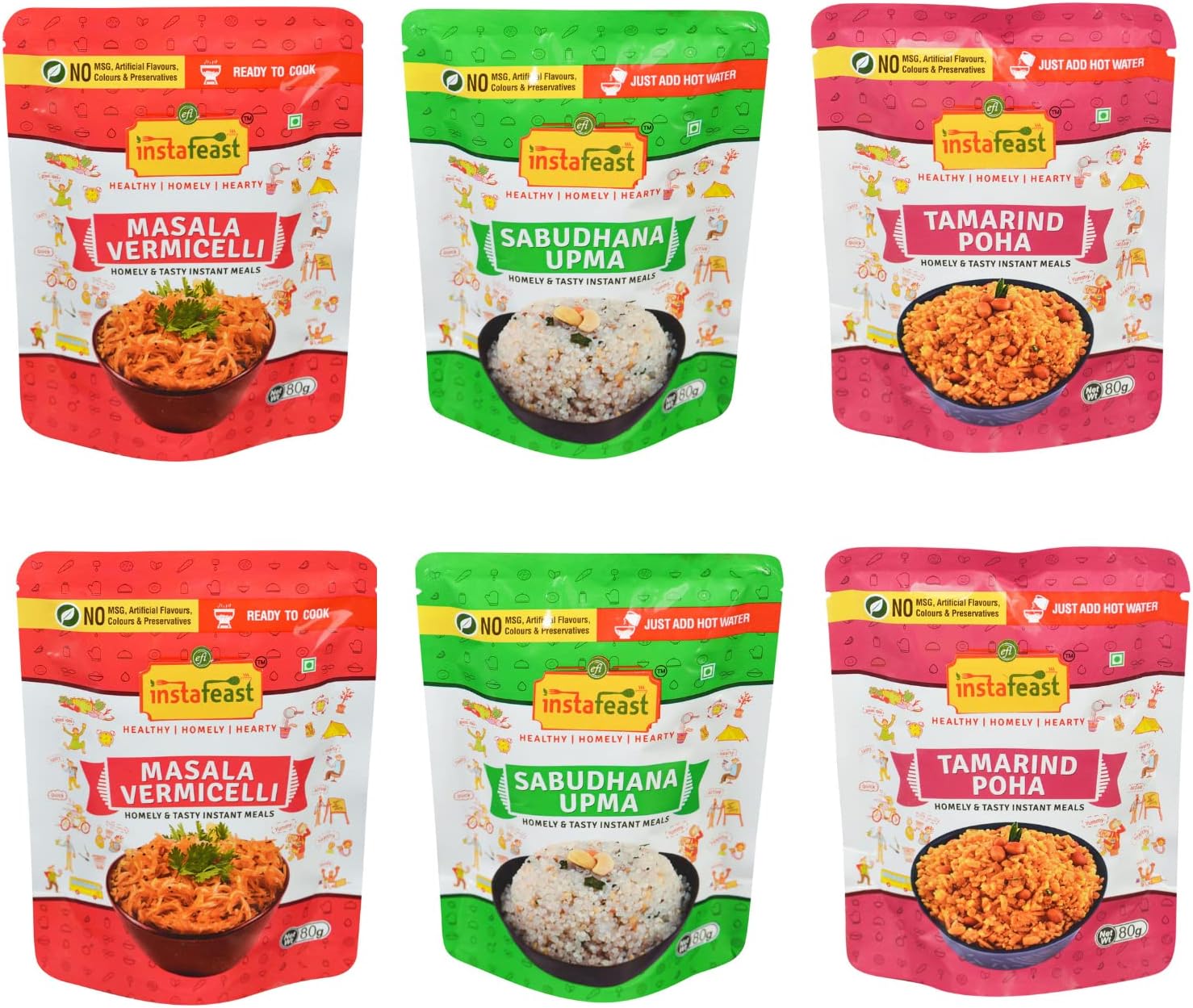 Instafeast Masala Vermicelli, Sabudhana Upma & Tamarind Poha, Ready to Cook, Easy to Cook | No Preservatives, No Artificial Colours 480g (Pack of 6 X 80g)