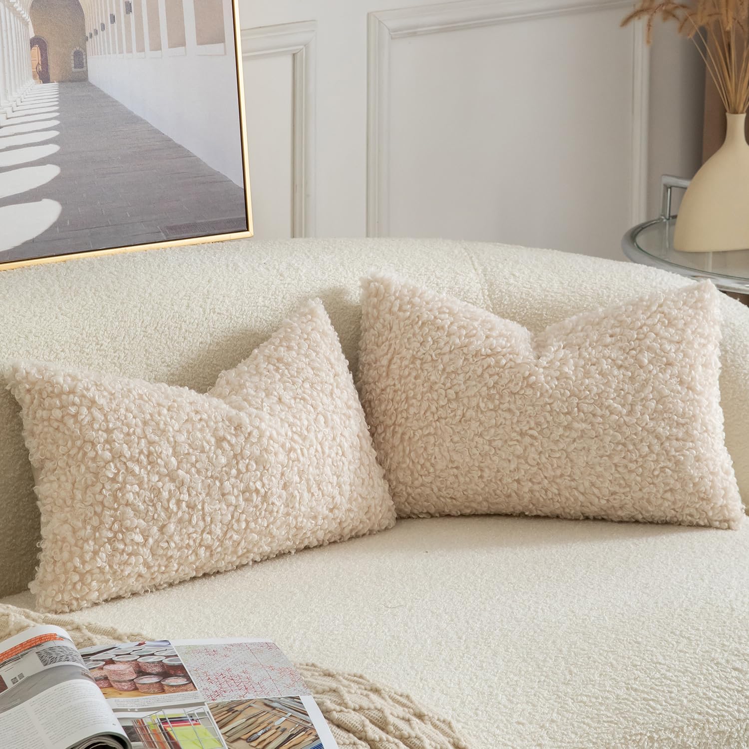 YAERTUN Pack of 2 Faux Fur Cushion Covers Decorative Sherpa Boucle Throw Pillow Covers Fuzzy Soft Sheepskin Fleece Pillowcases for Couch Sofa Bed Living Room 12x20 Inch 30x50cm Beige - Image 2