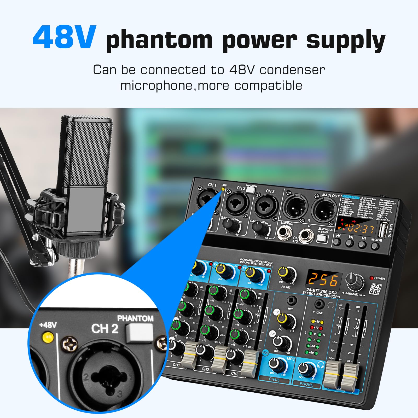 Depusheng Profesjonalny mikser audio Digital FX 256-bitowy DSP USB Bluetooth MP3 Komputer DJ Mikser 5-kanałowy interfejs wejściowy z zasilaniem fantomowym 48 V do nagrywania na komputerze, streamingu