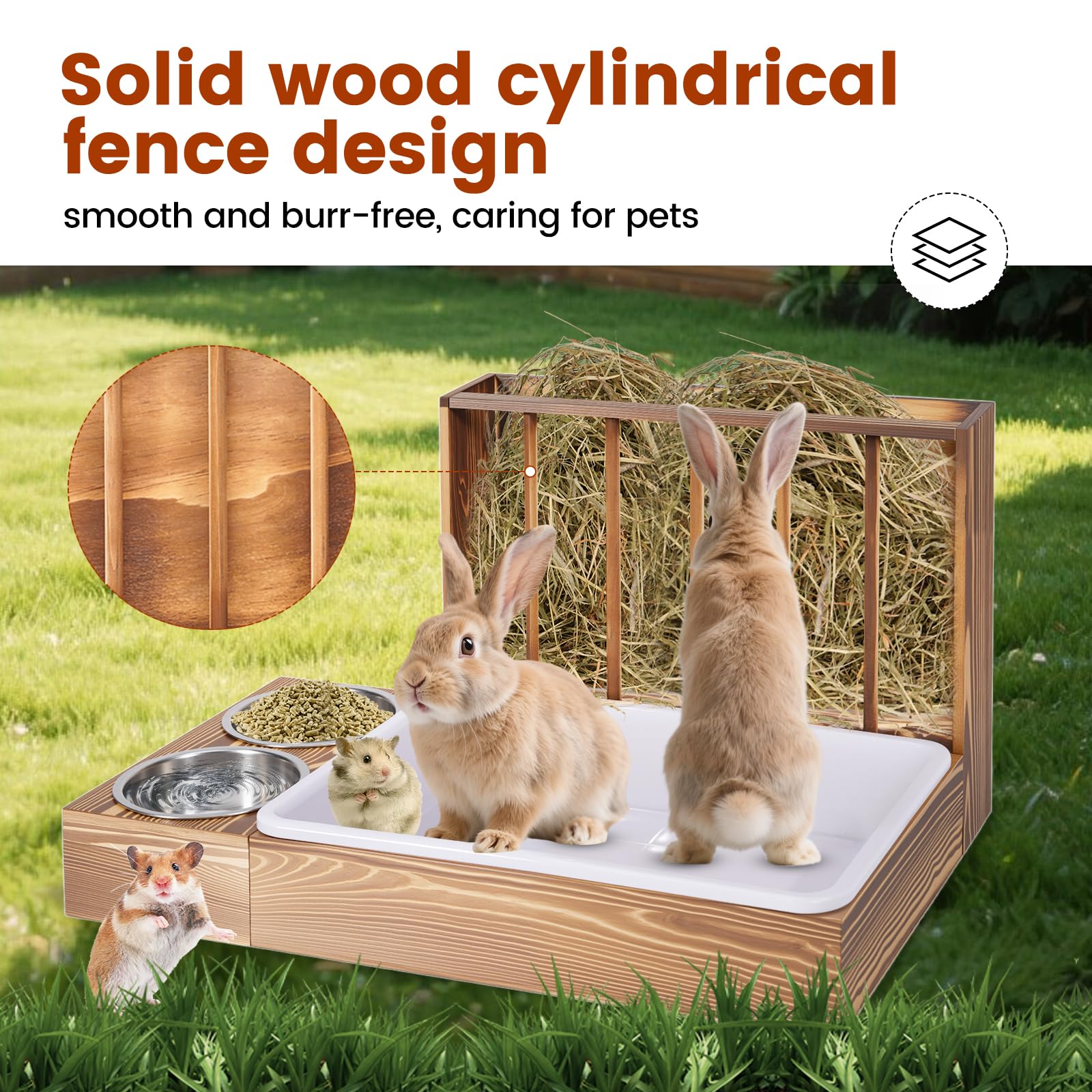 KHEARPSL 3 in 1 Rabbit Hay Feeder with Litter Box and 2 Bowls, Bunny Feeder Guinea Pig hay Rack Holder & Litter Box for Chinchilla Hamsters Guinea Pig Rabbit Bunny Small Animals (Brown) - image 5