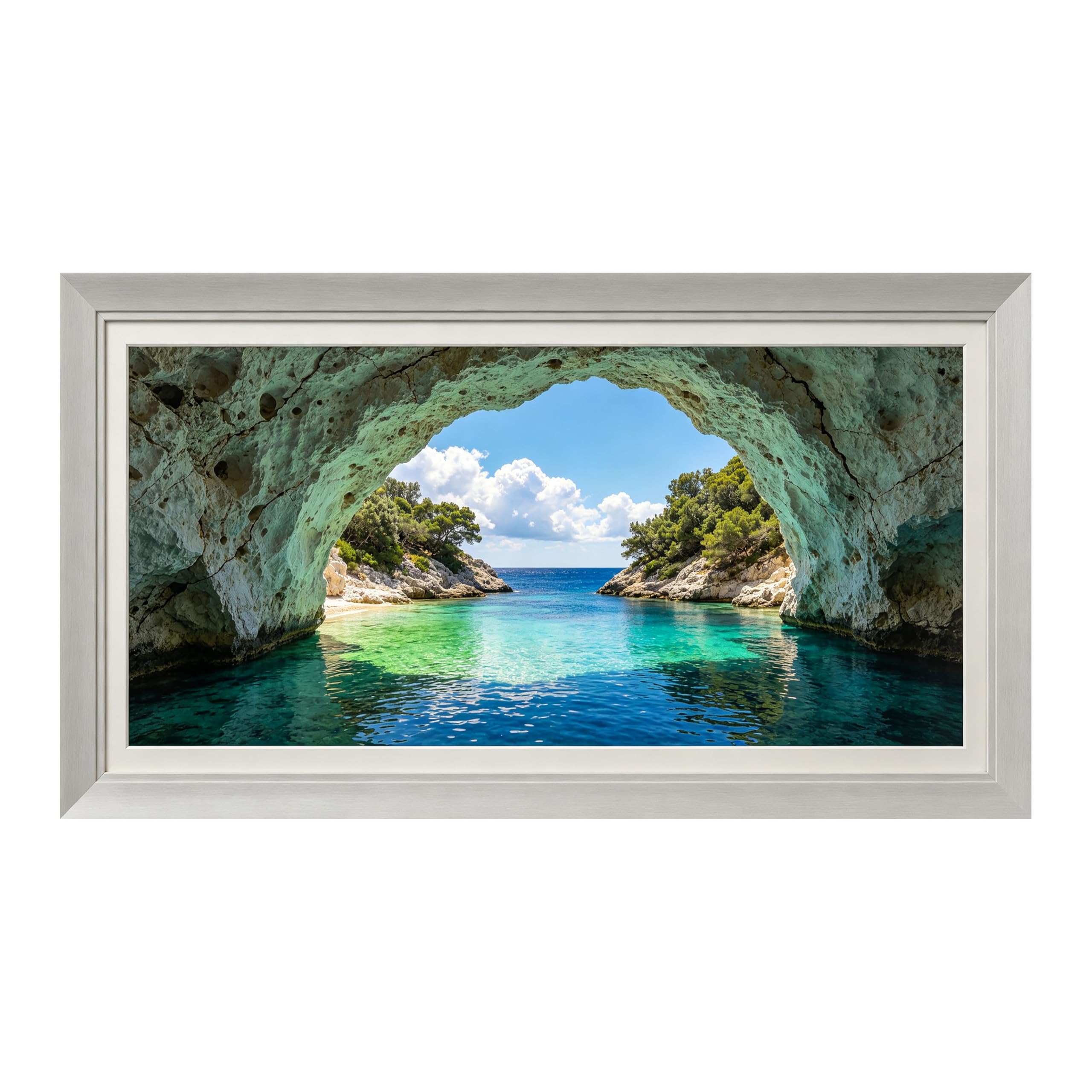 Yzpallescene 3D Framed Wall Art Coastal Cave Seascape Mediterranean Large Size SelfAdhesive Removable Wall Decor Prints Artwork for Living Room Bedroom Office