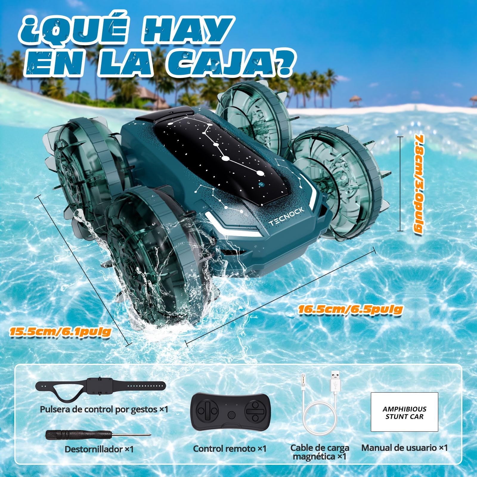 Tecnock Barco Anfibio teledirigido para Coche, Control de Gestos 4WD, Coche RC con Carga magnética, Tiempo de Funcionamiento de 60 Minutos, Luces LED, Juguete de Piscina para niños de 6 a 12 años