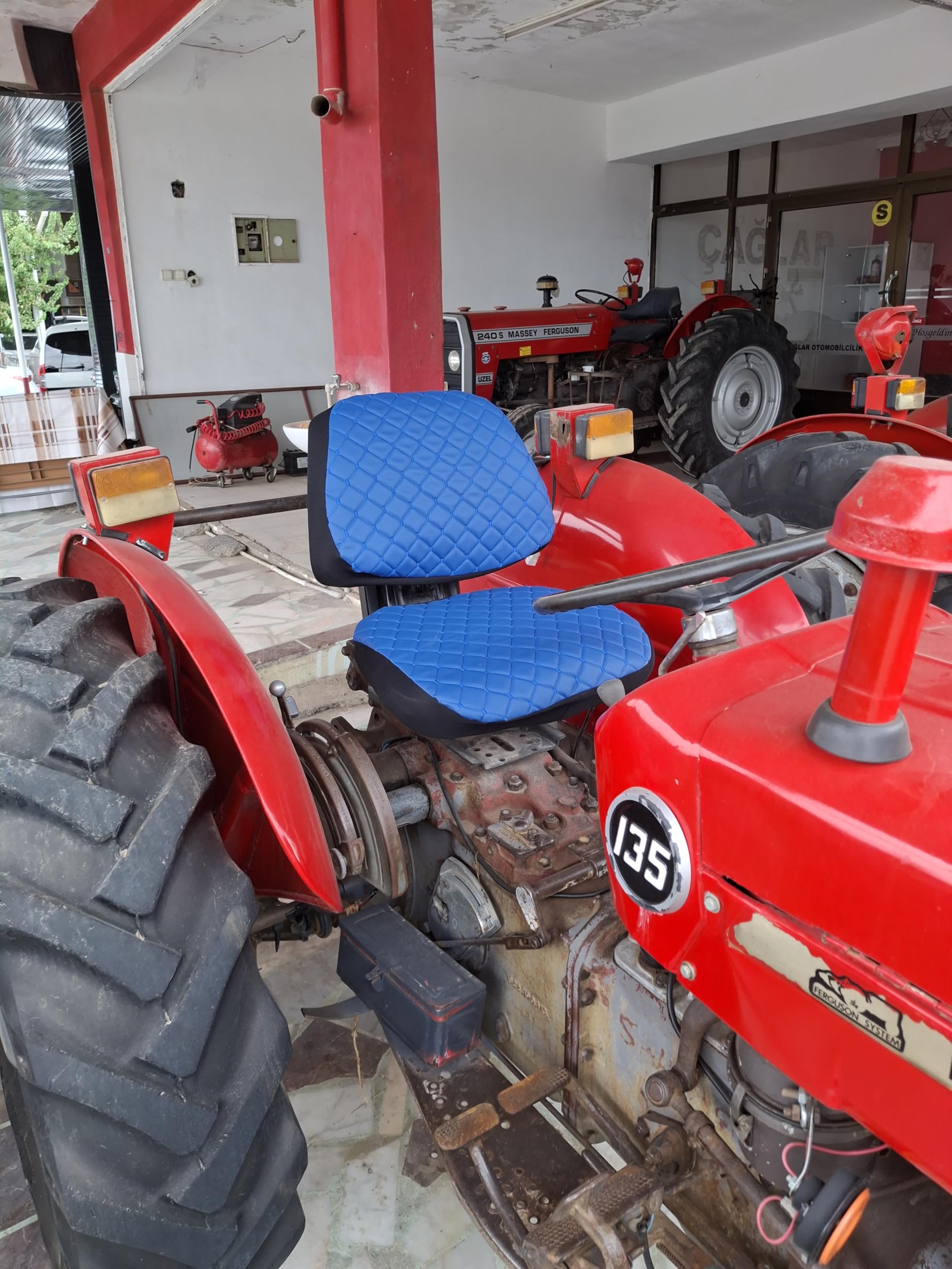 Funda de asiento de tractor resistente, acolchado Impertex duradero para tractores y carretillas elevadoras, cortacésped (cuero azul, costuras azules)