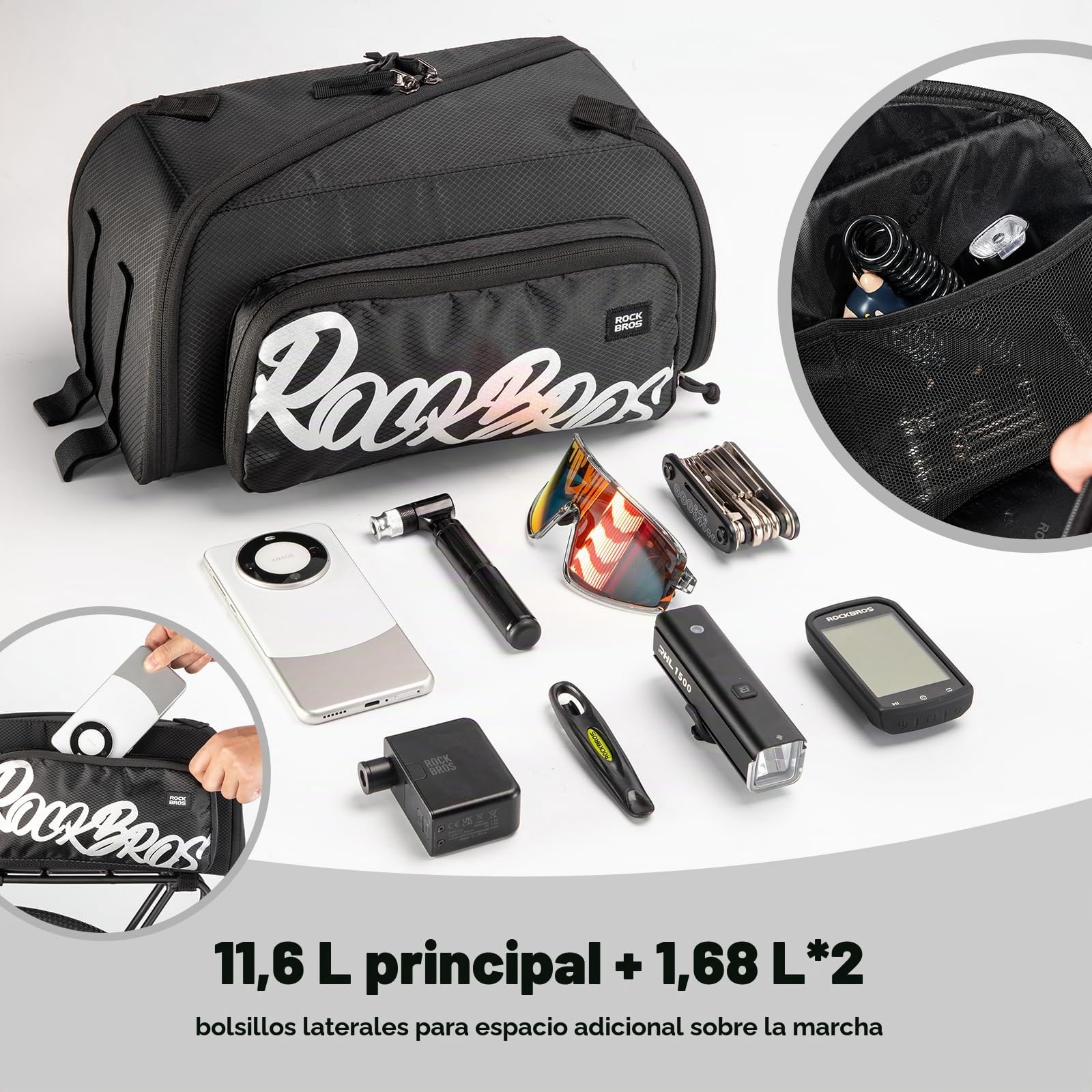 ROCKBROS Bolsa Trasera para Bicicleta 14.9L con Bolsillos Laterales y Correa de Hombro, Bolsa de Portaequipajes Reflectante para Ciclismo, Viajes y Desplazamientos