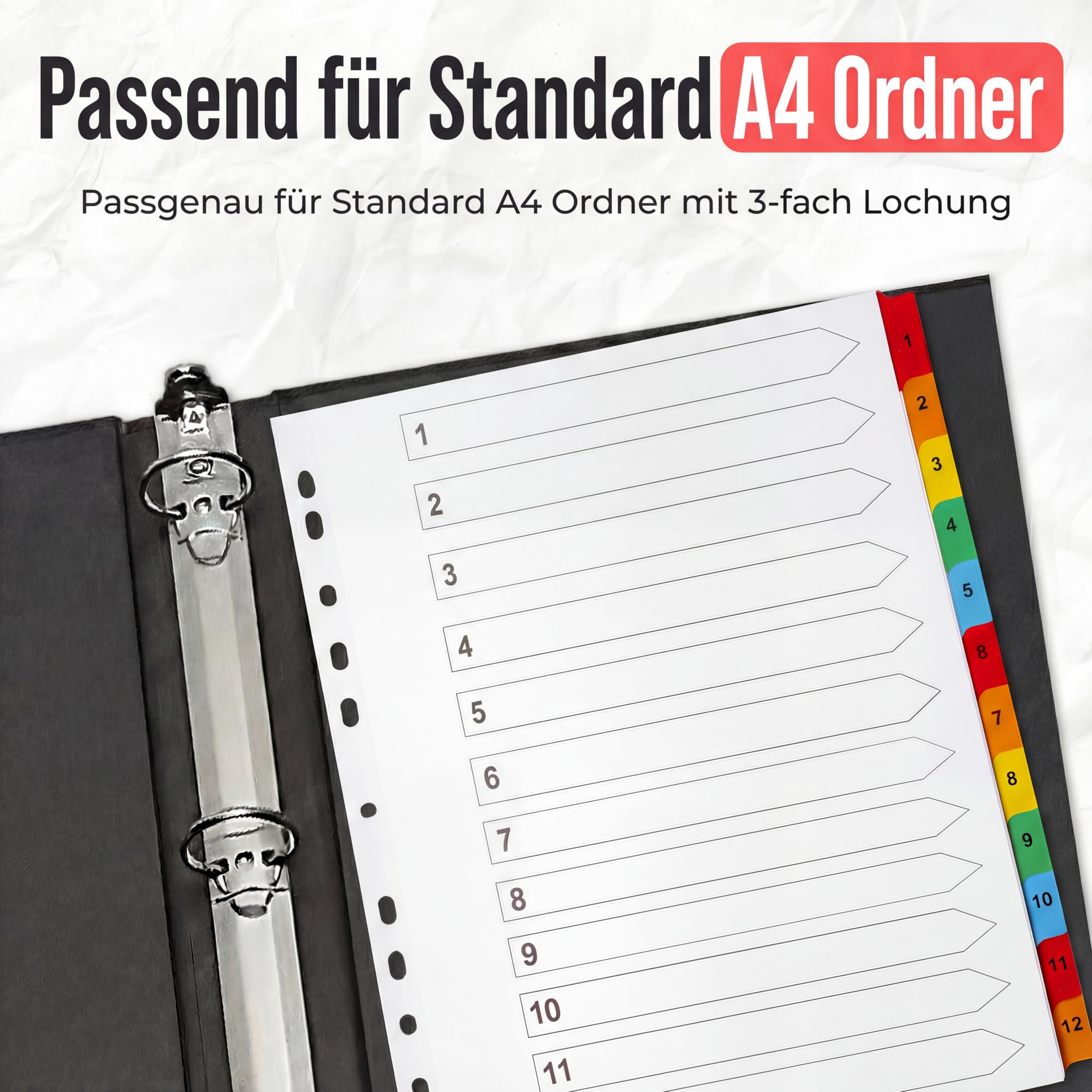The Paper Shop Register für Ordner A4+ Extra Breit - 12-teilig Nummeriert (10 Pack) | Trennstreifen & Unterteiler für Ringordner | Extra Breite Trennblätter Großpack - 120 Stück
