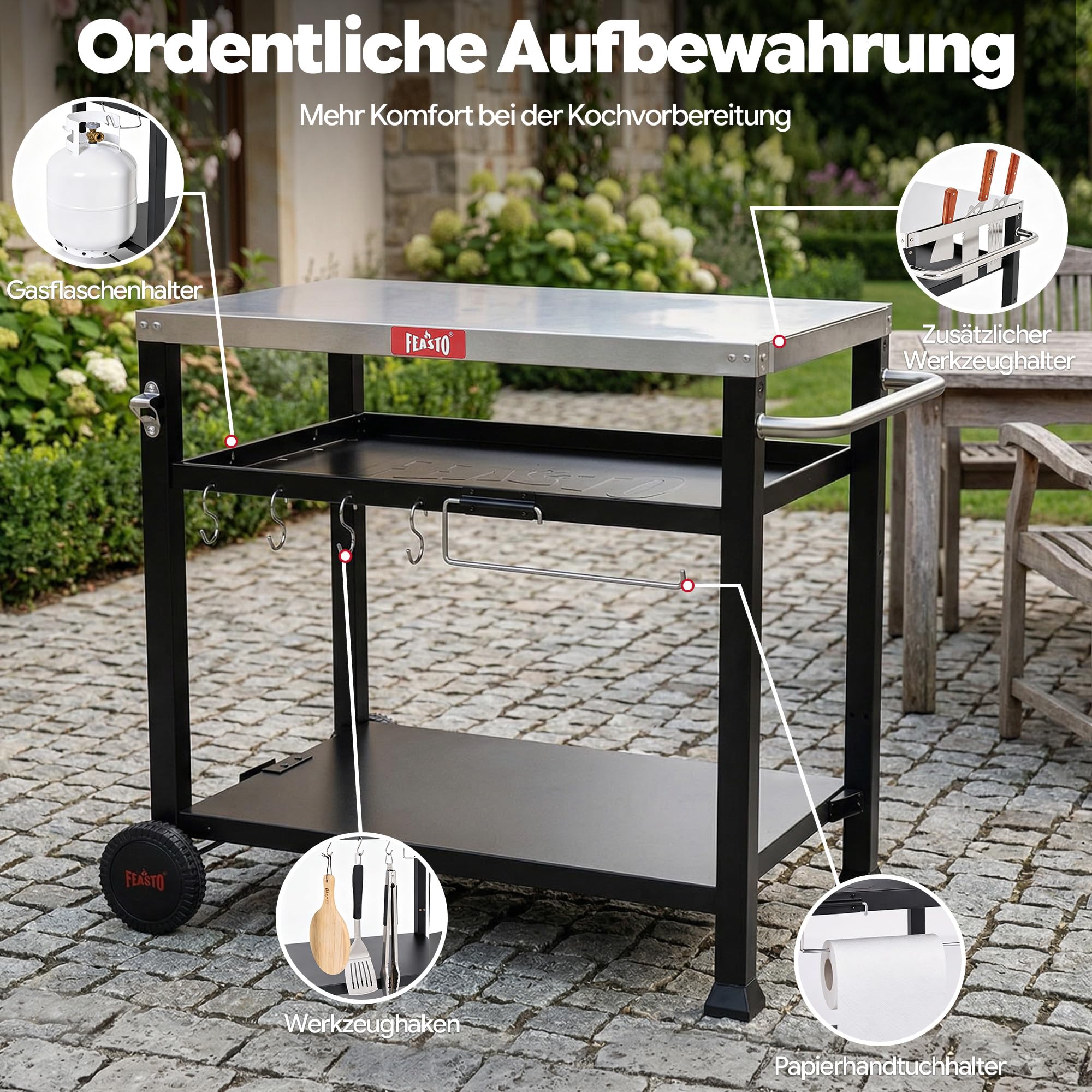 Feasto Grillwagen Outdoor 3 Etagen, Multifunktionaler Grilltisch mit Edelstahlplatt, Griff, Rollen, Ideal für Küche, Terrasse, Balkon und Buffet, 95x64x84cm, Schwarz