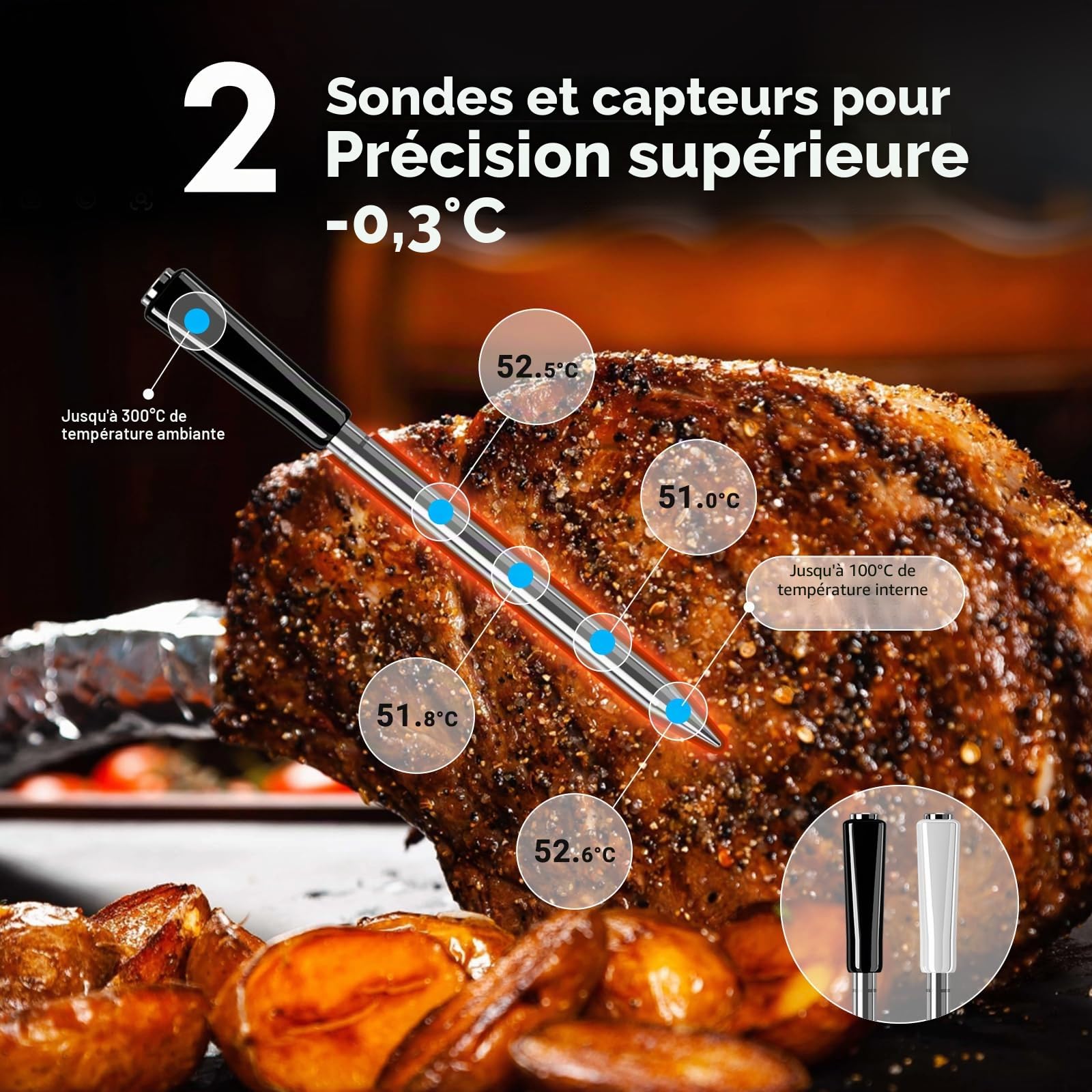INKBIRD Thermomètre à viande double mode sans fil, connexion WiFi 5G et Bluetooth 5.4, 2 sondes avec 5 capteurs, alarme haute et basse température, pour barbecue, barbecue et cuisine