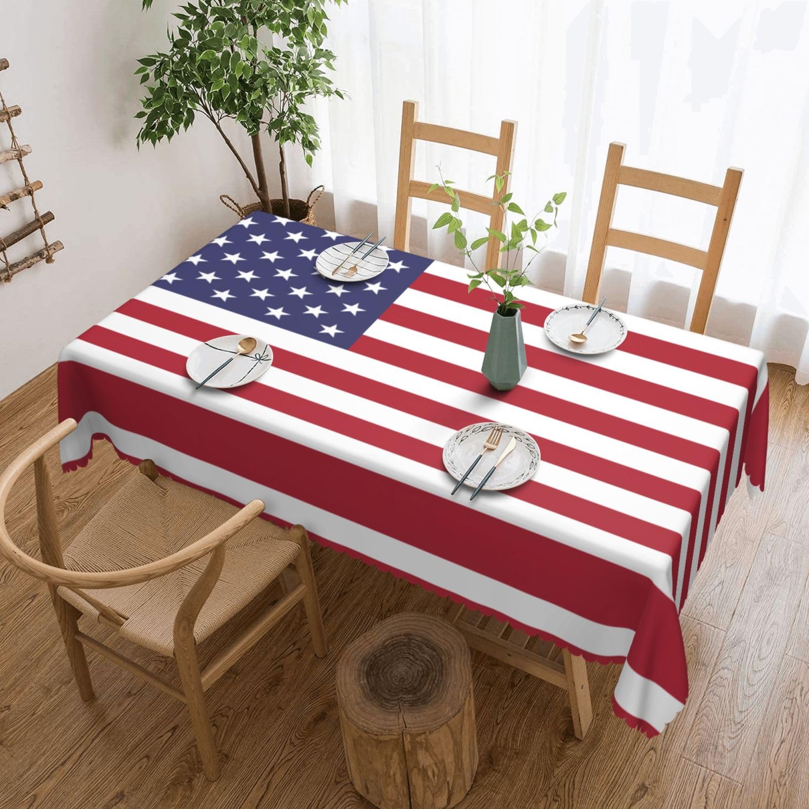 QAZWZML American flag Printed tablecloth, made of thick polyester with lace trim, suitable for dining rooms, picnics, and weddings