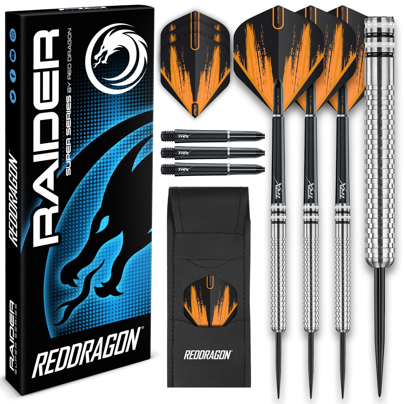RED DRAGONRaider Series: 23g Steel Tip Tungsten Darts Set - Professional Darts with Shafts (Stems) and Flights - Choice of Colour Available