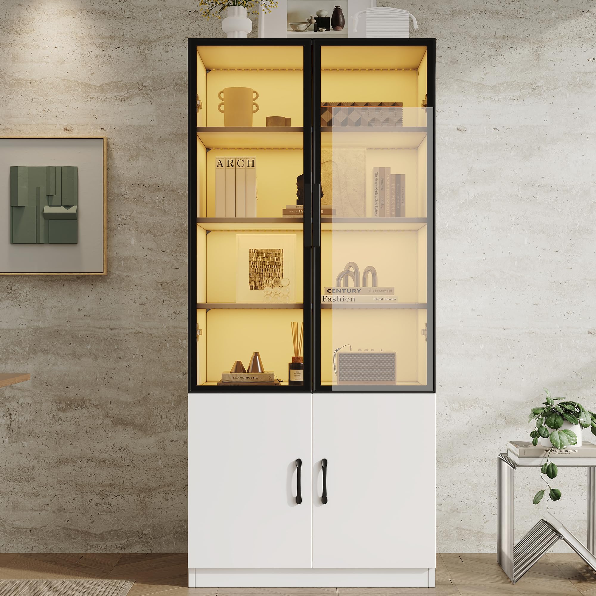 60 x 40 x 160 cm, vetrina in vetro fumé con telaio in alluminio, due ante nella parte inferiore, libreria, credenza, bianco