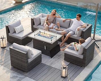 BULEXYARD 7 Piece Outdoor Furniture Set with Fire Pit, Light Grey | High Back, Large Deep Seating, w/Fire Pit Table, All-Weather PE Wicker, Heavy Duty Sturdy Frame, Outdoor Modular Sectional