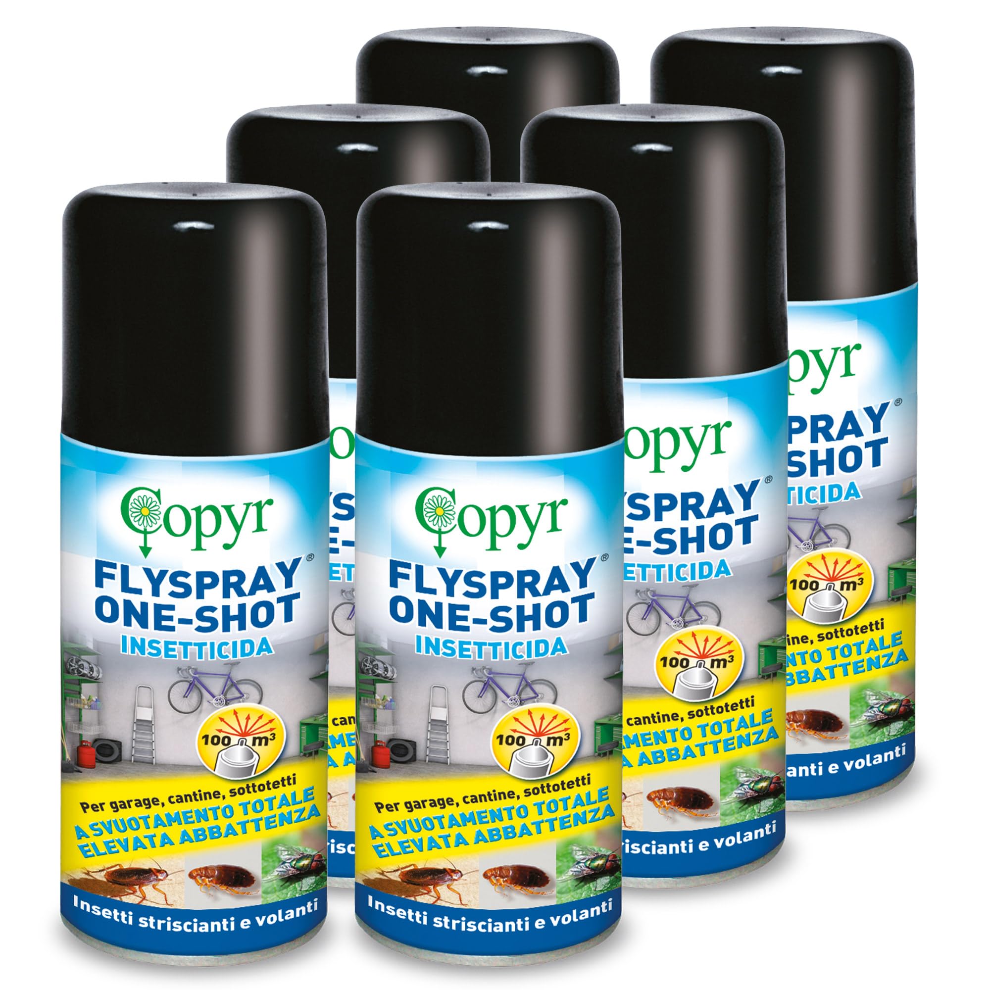 Copyr FlySpray OneShot - Insetticida Aerosol contro Mosche Scarafaggi Formiche Pulci Zecche, Insetti delle Derrate, 150ml x 6 Pz - con Piretrine Pure, Azione Abbattente a Svuotamento Totale