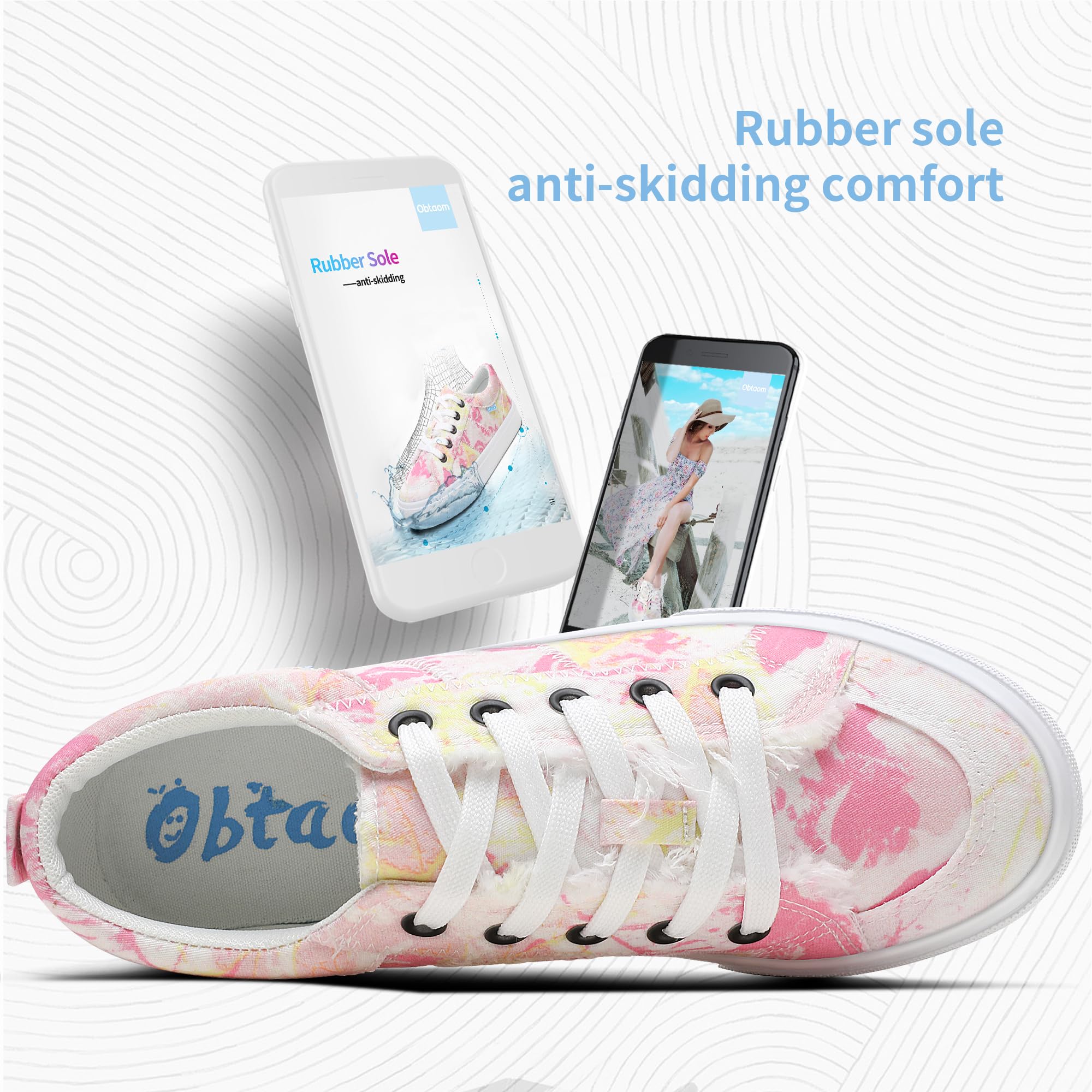 Obtaom Scarpe da ginnastica da donna, bianche, alla moda, con lacci, in tela, basse, lavate, piatte, per donna