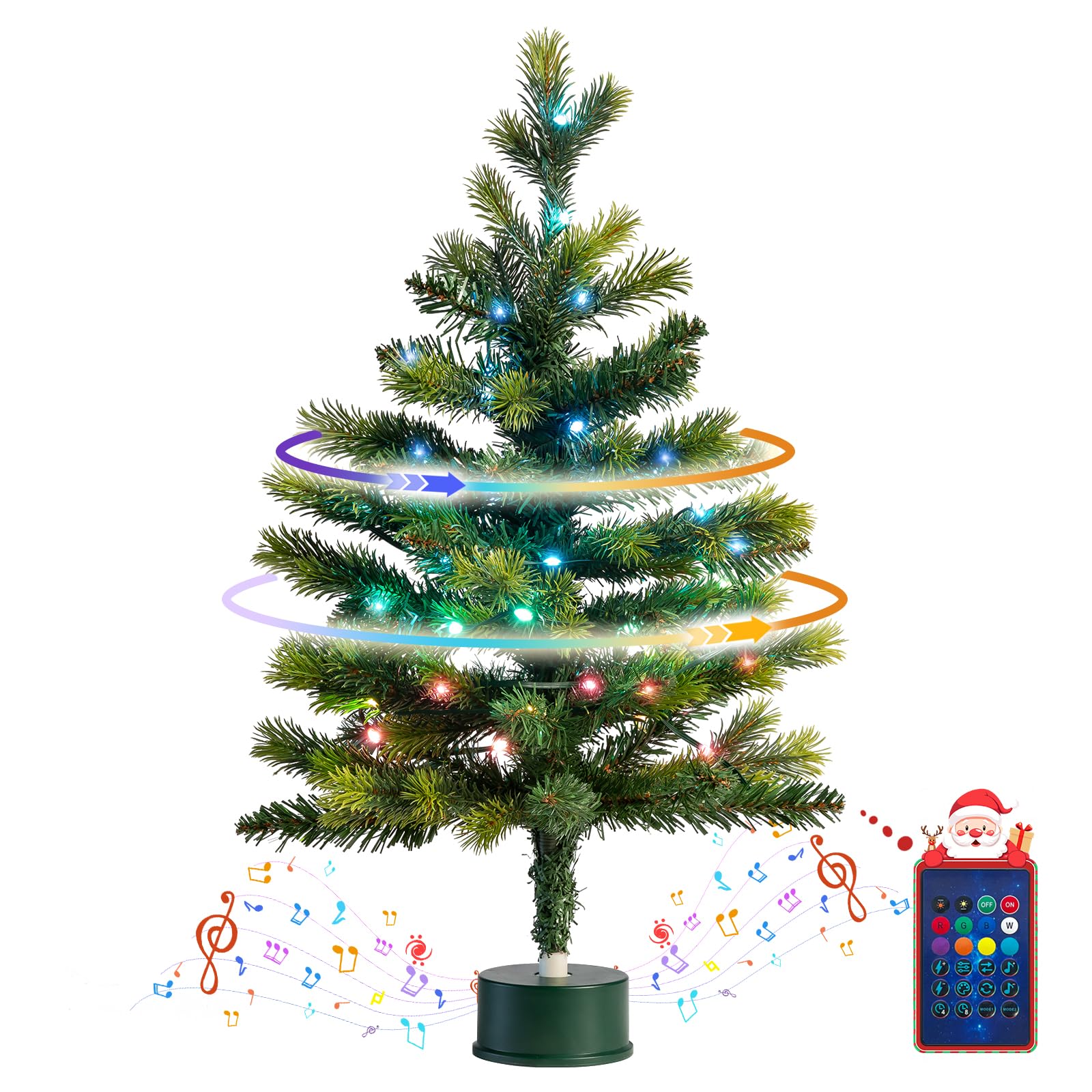 Photo 1 of 2FT Musical Rotating Prelit Small Christmas Tree, Artificial Tabletop Christmas Tree with 50 LED Lights, CE Certified, Battery or USB Cable Operated, Timer, Xmas Tree for Holiday Decoration, Green