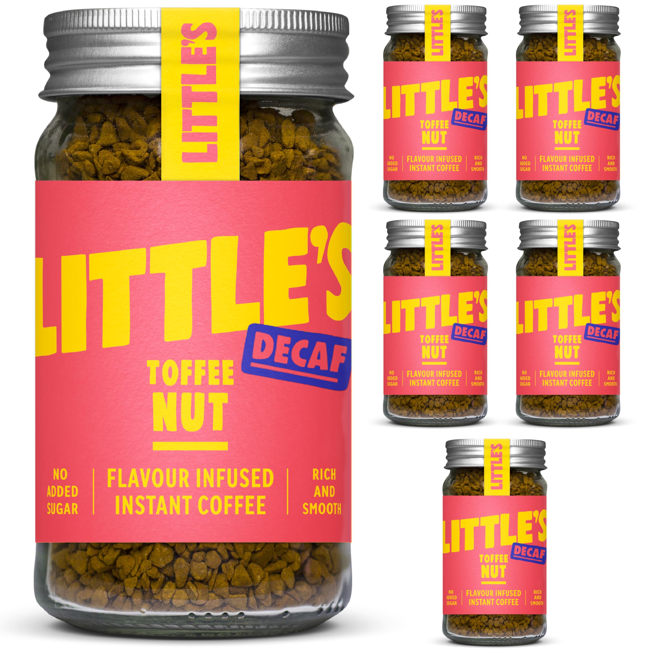 Little's Toffee Nut Flavoured Decaf Instant Coffee, 6 Pack (50g x 6) - Decaffeinated Coffee, Rich & Smooth, Infused With Toffee Flavour - Vegan Friendly, Low Calories, No Added Sugar