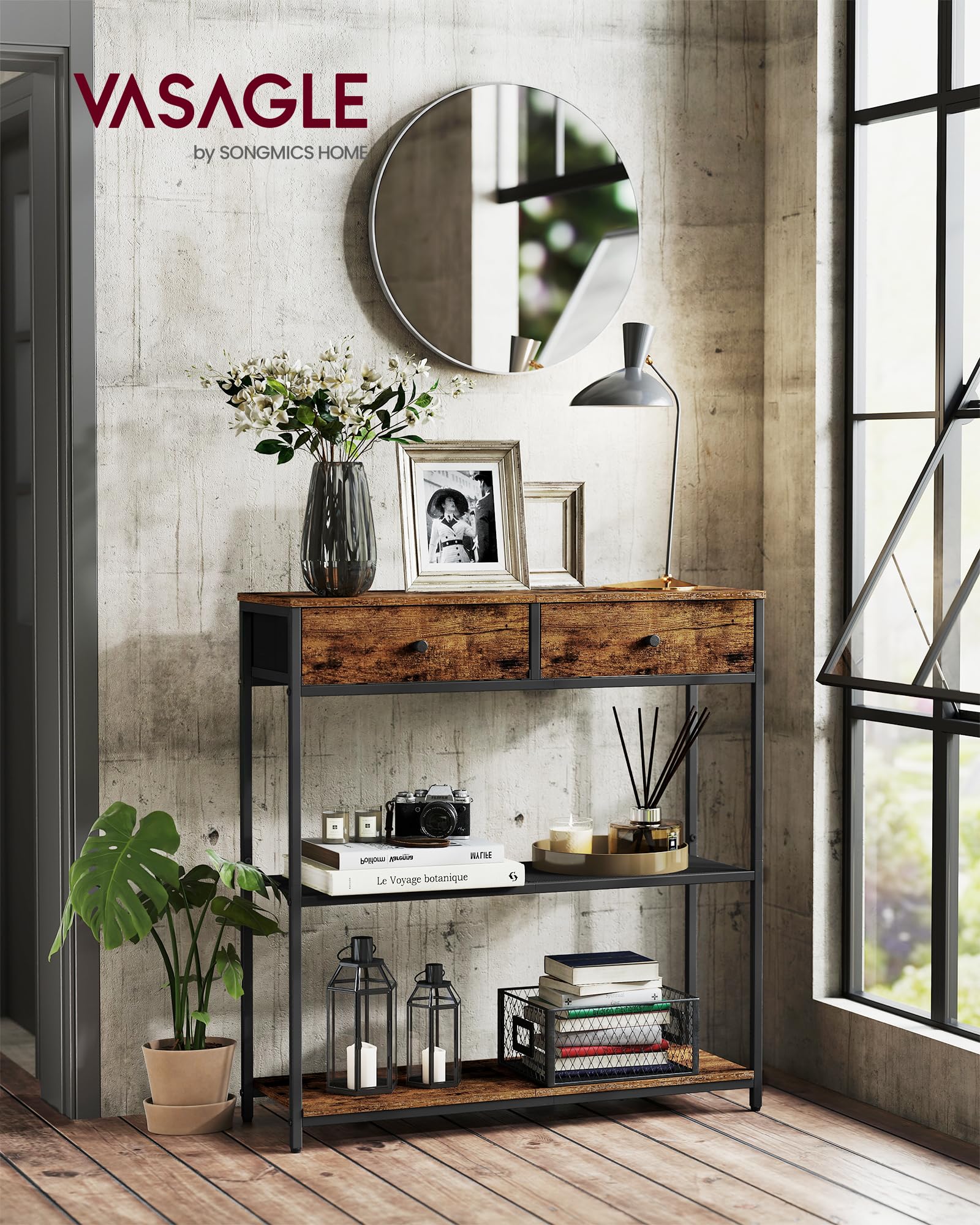 VASAGLE Table d'Entrée Étroite, avec 2 Tiroirs en Tissu, Meuble Console, Bout de Canapé sur 3 Niveaux, 24 x 76 x 80 cm, pour Entrée, Salon, Marron Rustique et Noir d'encre LNT092K01