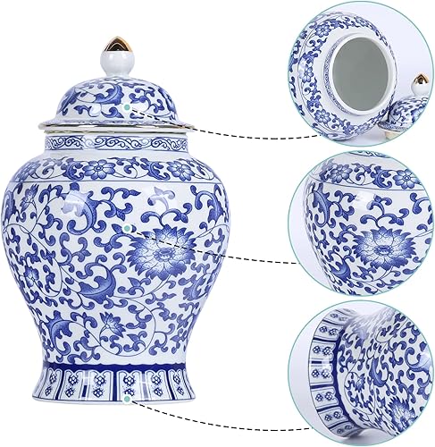 Miniatura 10 de Tarro de jengibre chino con tapa, estilo antiguo, decorativo para el hogar, retro, flores de porcelana azul y blanca, florero de cerámica cubierto,