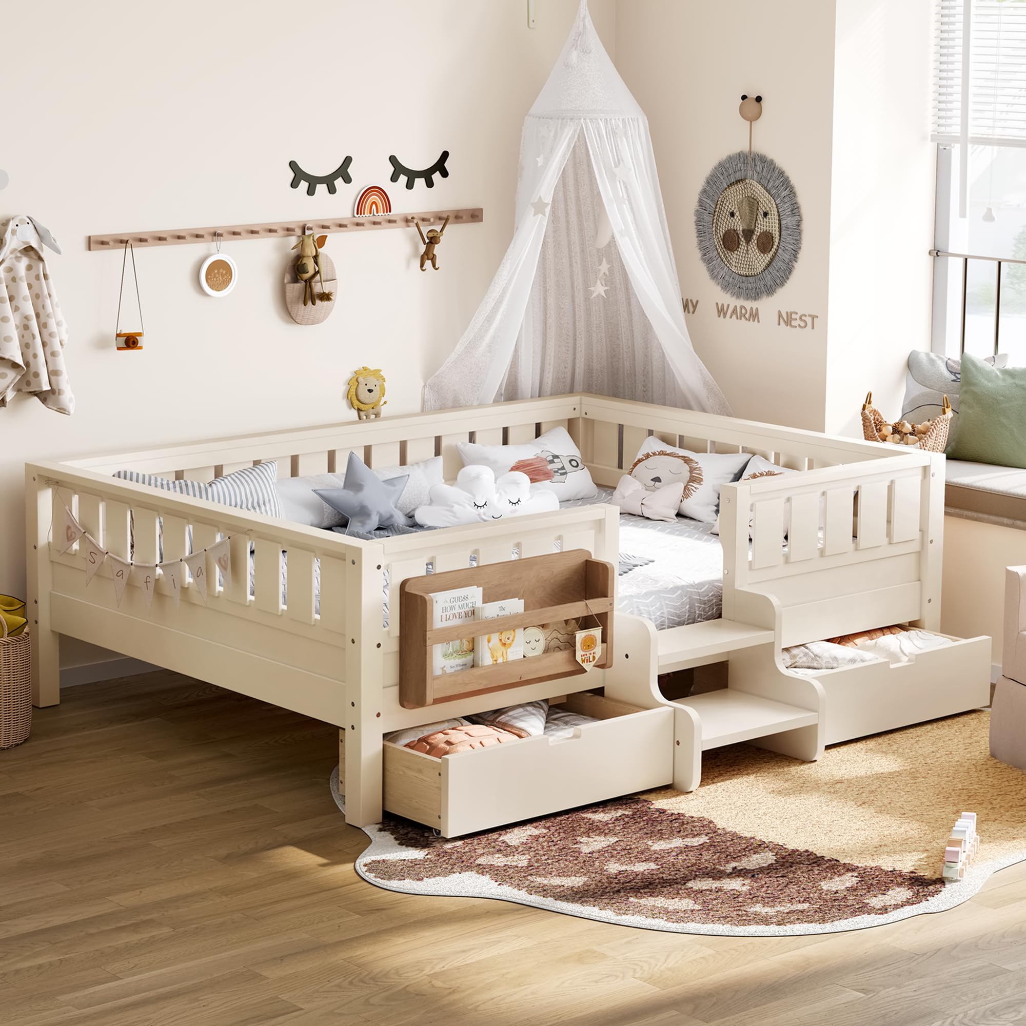 Bellemave Full Size Bed with Slats and Stairs, Full Size Platform Bed Frame with Fence, Bookshelf and Storage Drawers, Easy Assemble Beds for Kids,