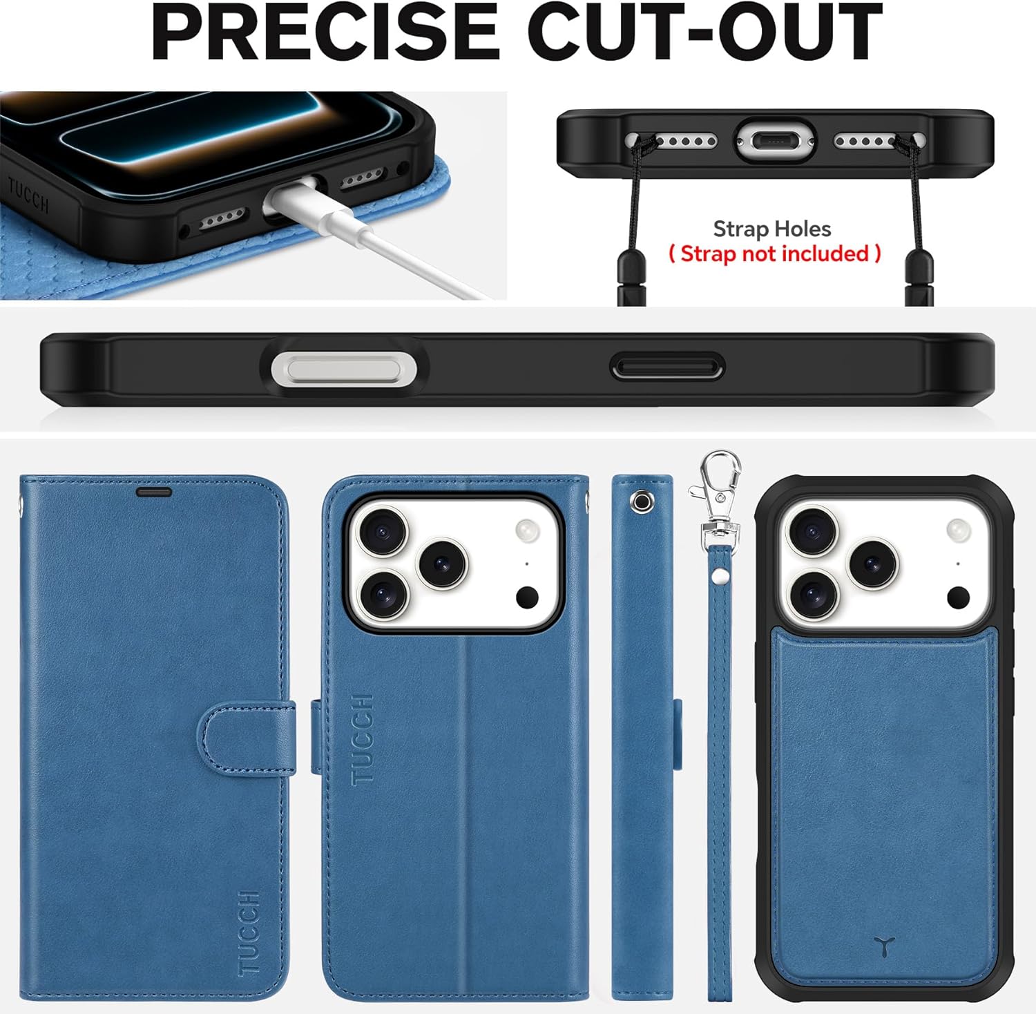 TUCCH Detachable Case Wallet for iPhone 17 Pro (6.3") 2025, Wrist Strap | 4 Card Slots RFID Blocking | Wireless Charging | Stand | 2-in-1 Magnetic | PU Leather | Shockproof Folio Cover | Light Blue