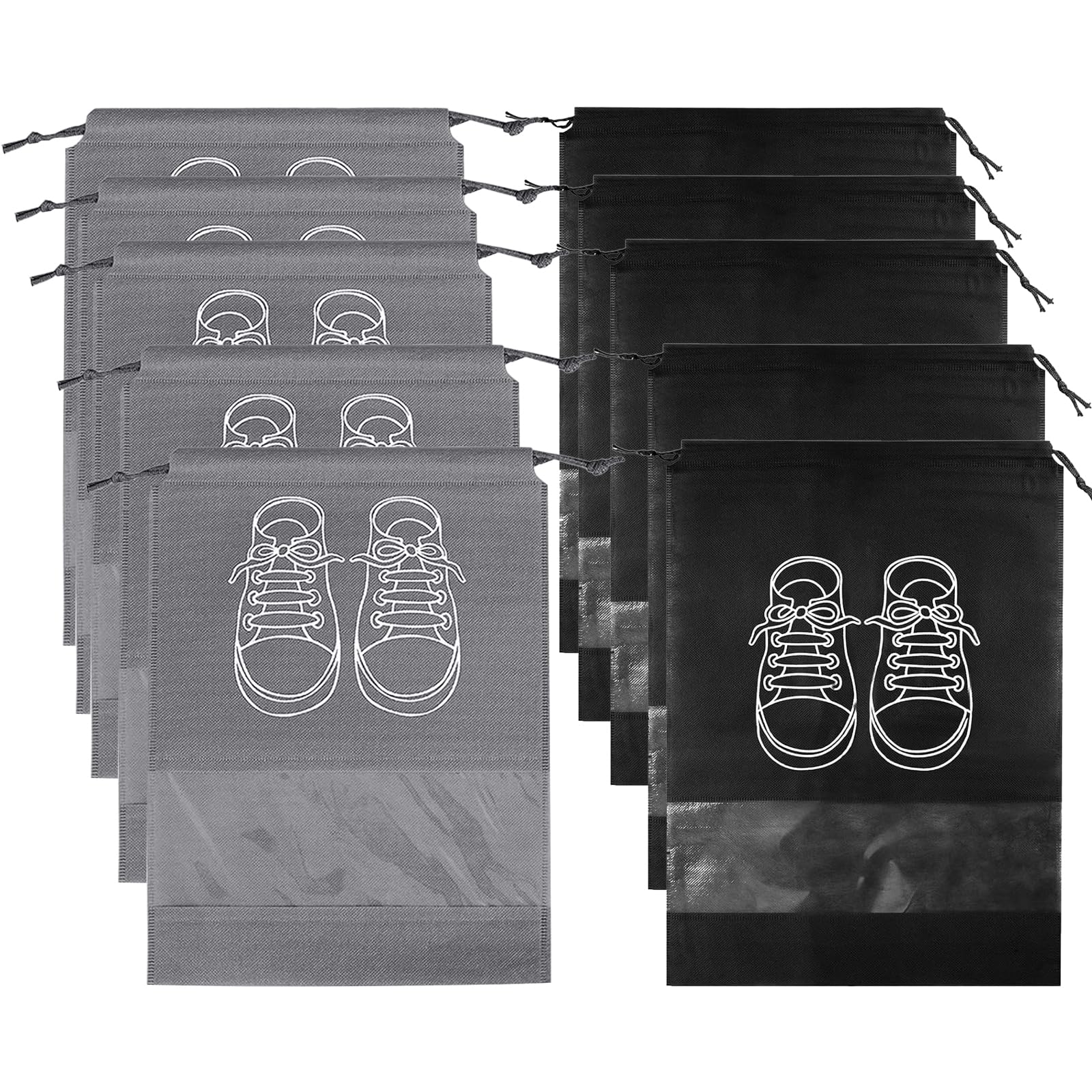 10 Pezzi Sacchetti per Scarpe, Sacchetti Scarpe Viaggio, Organizer Scarpe, Accessori da Viaggio, Attrezzo di Utilità con Coulisse per Pantofole, Scarpe di Pelle, Scarpe di Tela (Nero, Grigio)
