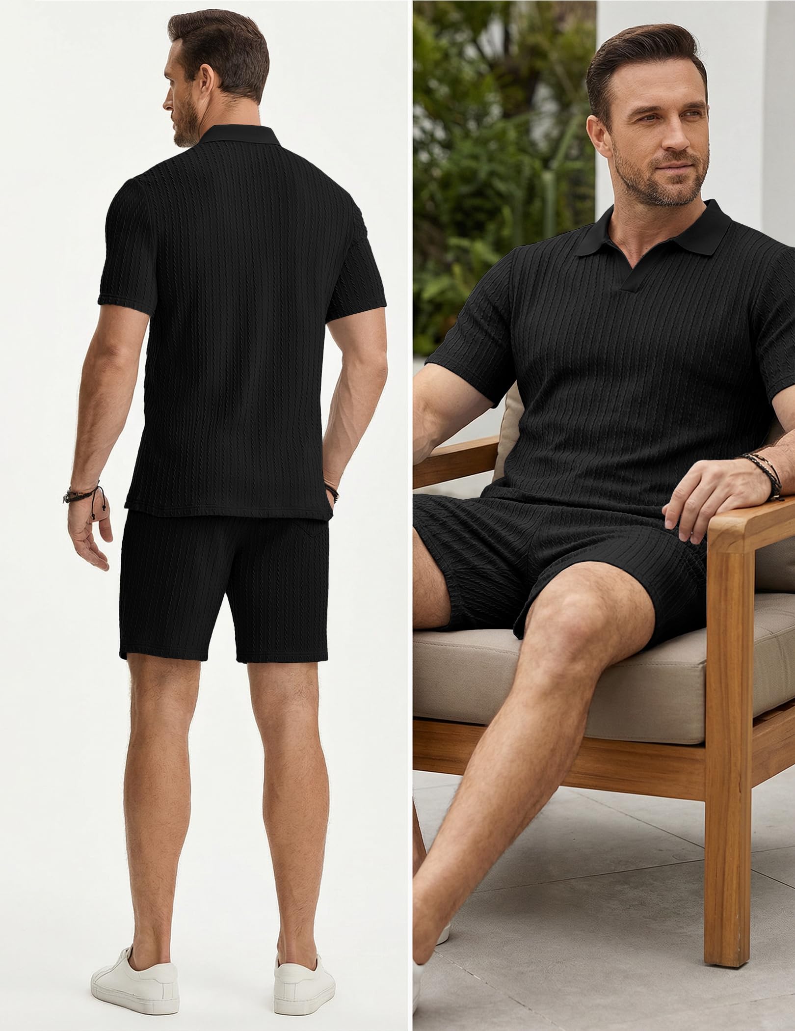 JMIERR Herren Jogginganzug Set Sommer 2 Teiliges Poloshirts Kurzarm Einfarbig Strick mit Kurze Hose Herren mit Elastischer Taille Baggy Freizeitanzug