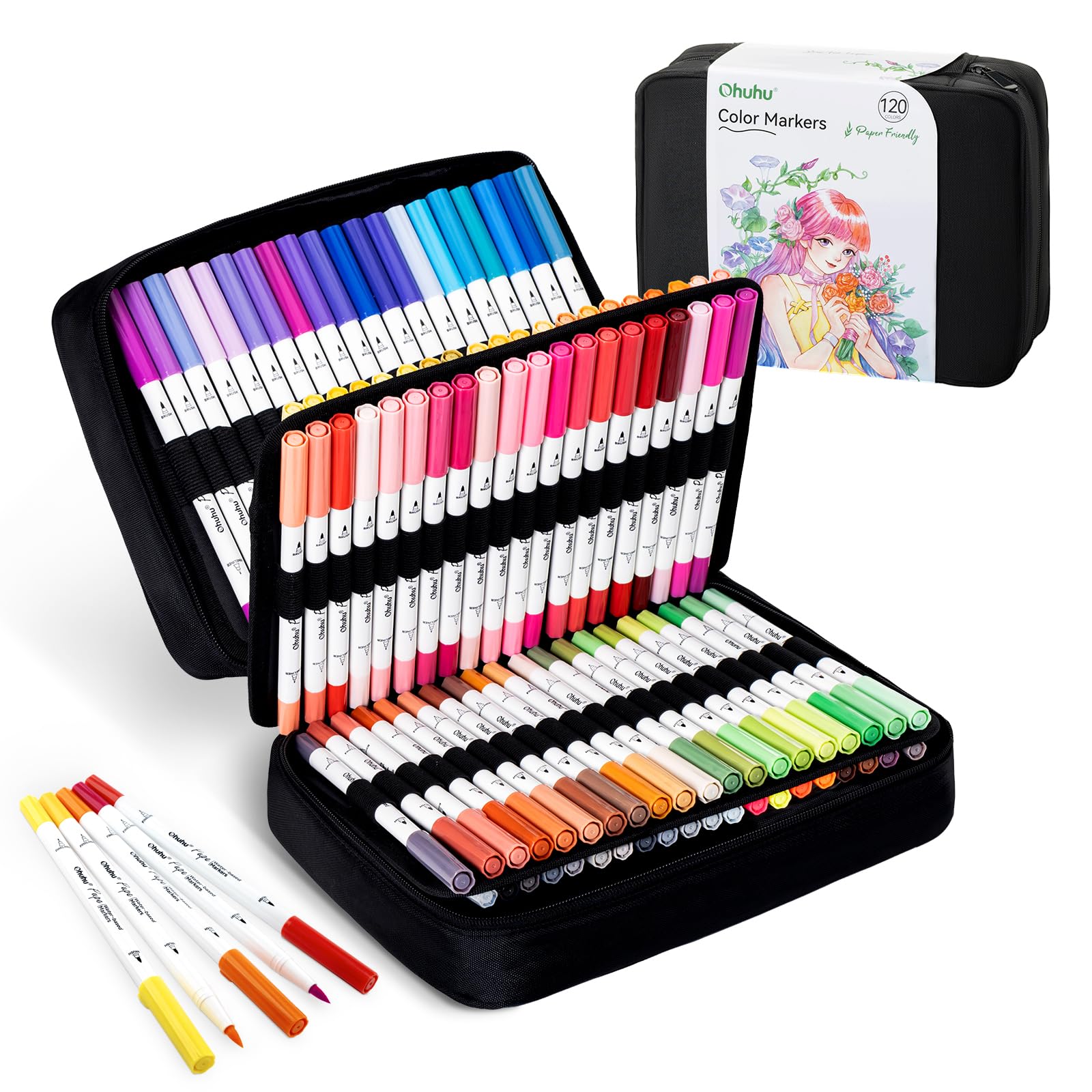 Markers Paper-friendly No Peeling Water-based 60/120 Colors Dual Brush Fineliner Tips Markers for Adult Coloring Books No Bleeding Drawing Pens for Kids Beginner Calligraphy - Pupe (120 colors)