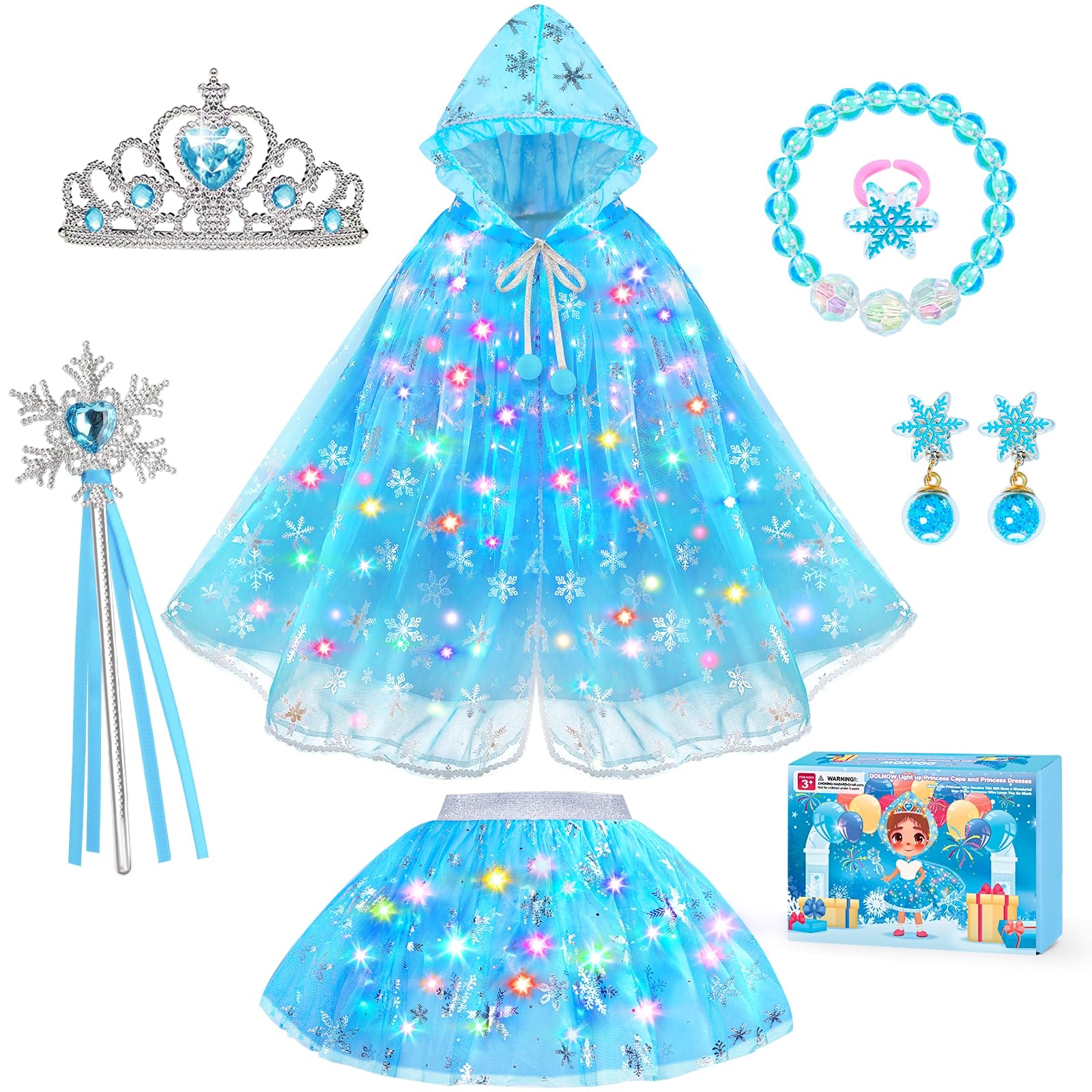 DOLNOW Princess Dress Up for Girls, Unicorn Light up Princess Cape Princess Dress Costume Crown Gift for Girls 3 4 5 6
