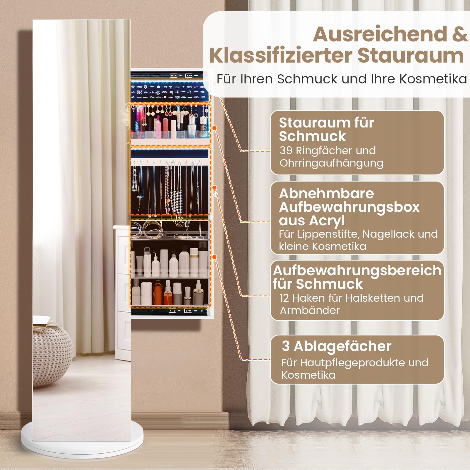 COSTWAY Schmuckschrank mit Spiegel, freistehender Spiegelschrank 360°drehbar mit LED-Leuchten, Schmuck-Organizer Schmuckaufbewahrung für Schmuck & Kosmetik