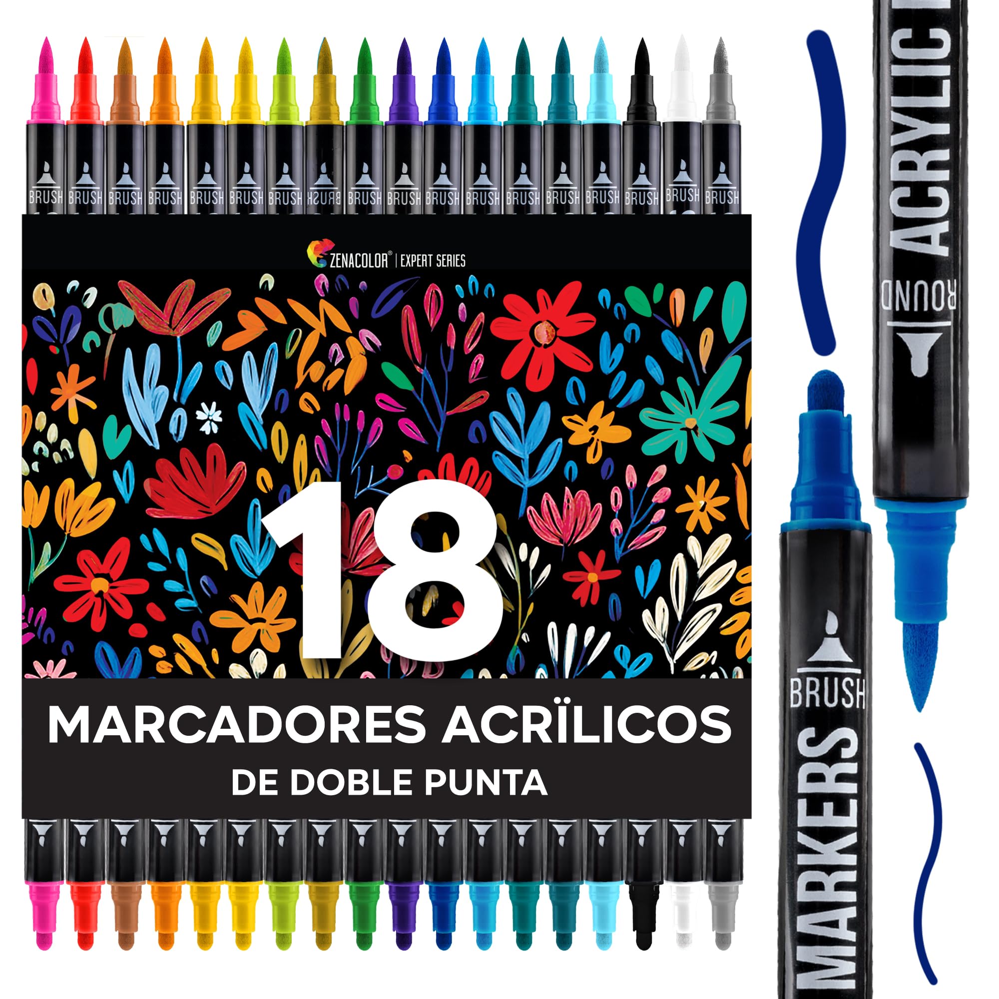 Zenacolor Rotuladores Acrilicos con Doble Punta (Punta Fina y Pincel) - 18 Colores únicos para Distintas Superficies y Obras de Arte - Rotuladores Acrilicos Permanentes