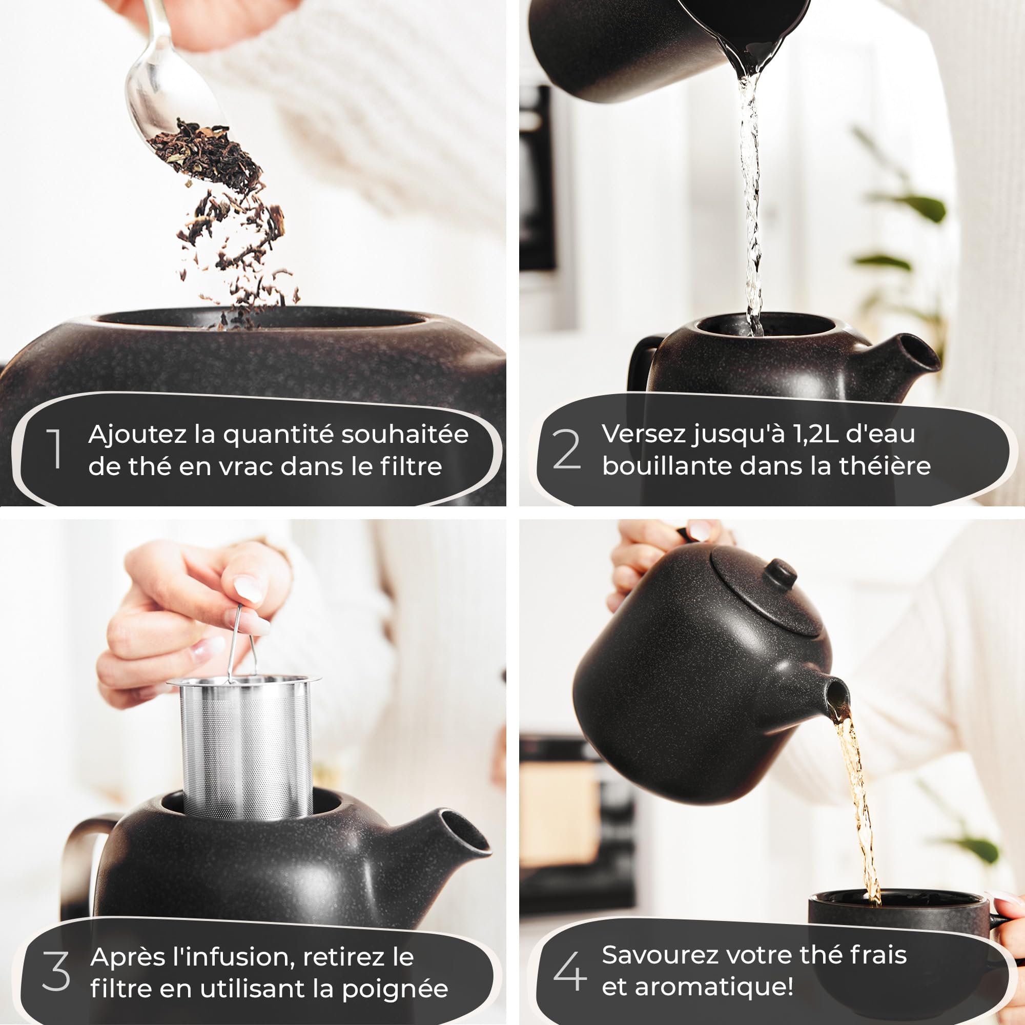STEINZEIT Theiere avec infuseur design (1,3L) – Théière avec filtre en acier inoxydable 304 – Théière en céramique avec glaçure unique – Filtre amovible – noire