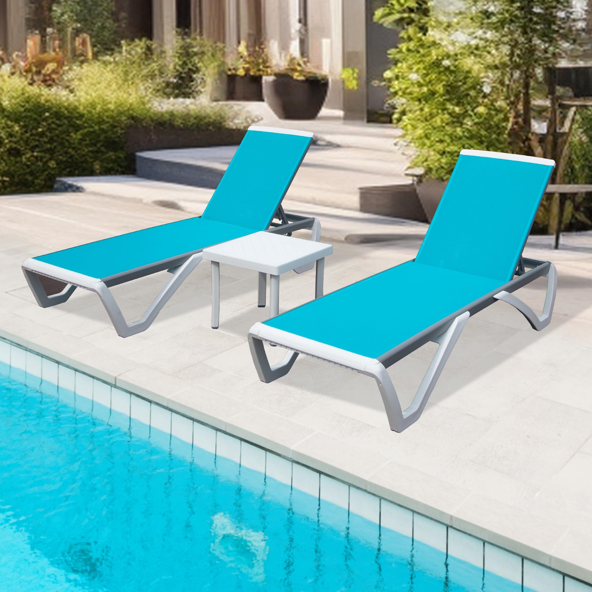 Domi Outdoor Lounge Chair Set of 3, Aluminum Patio Chaise Lounge with 5 Position Adjustable Backrest and Wheels, All Weather Reclining Chair for Patio, Yard, Balcony, Poolside (Lake Blue)