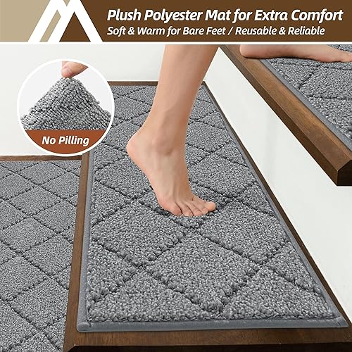 Vista 52 de COSY HOMEER - Alfombra antideslizante de 28 x 9 pulgadas, uso interior en peldaños de madera, alfombras para niños y perros, 100 % poliéster, base