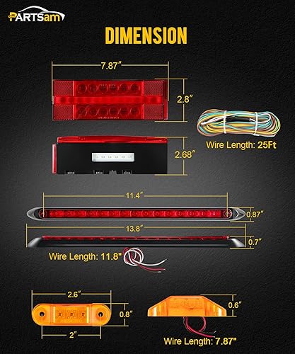 Miniatura 6 de Partsam Kit de cola rectangular con luz LED, 8 marcadores, arnés de cableado de 25 pies, luces de matrícula de freno y giro trasero para barcos, 12 V