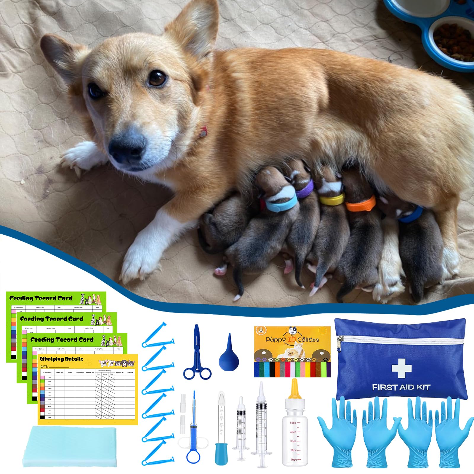 URMYONLY Whelping Supplies Kit for Puppies and Kittens Birth with Nursing Bottle, Pill Shooter,Newborn Collars,Record Charts, Pee Pads, Bulb Aspirator,Plastic Scissor, Cord Clamps