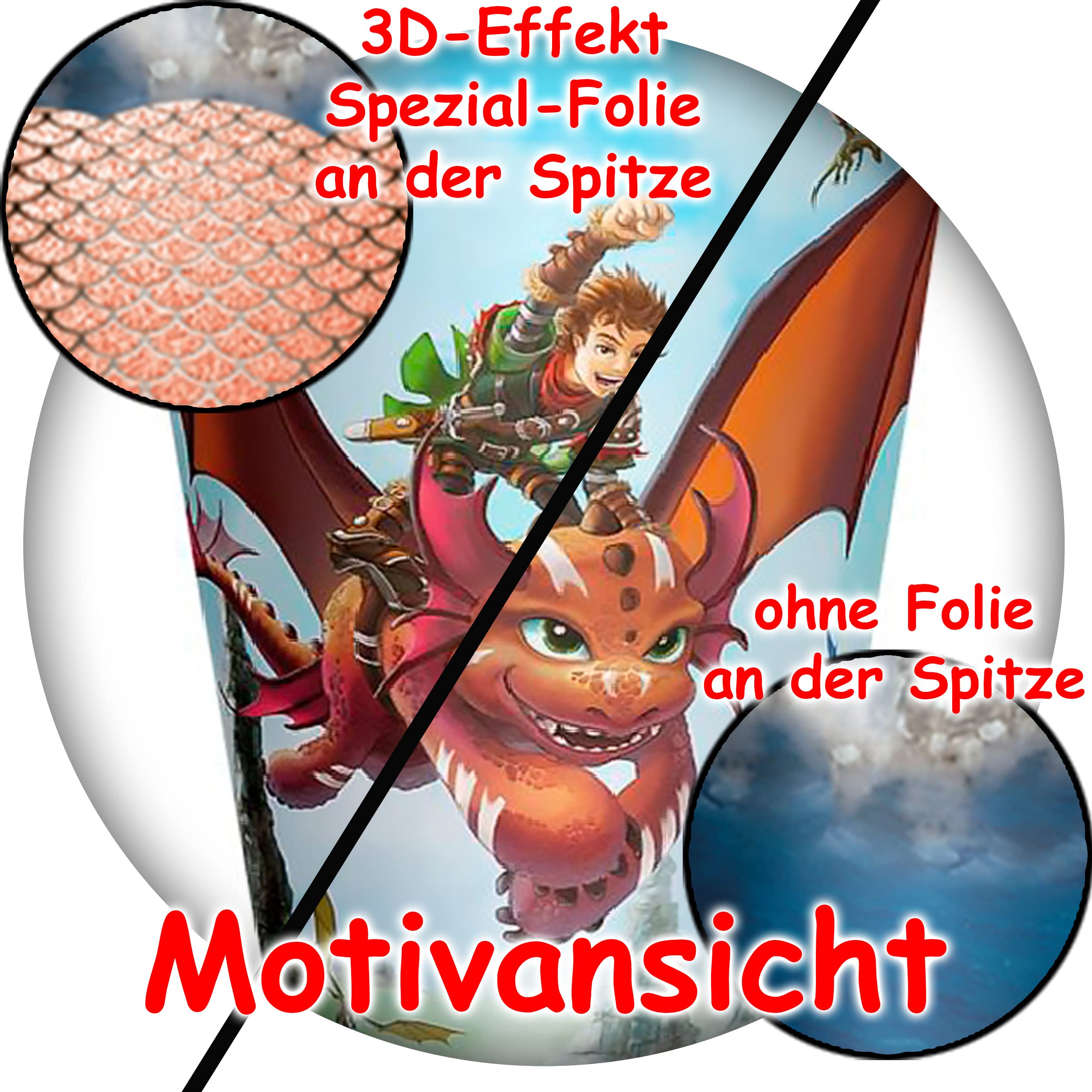 alles-meine.de GmbH Schultüte - Drache/Drachenjagd 35-85 cm Größe wählbar mit Holzspitze inkl. komplette Füllung + Name + Bänder Schleife + Kunststoff Spitze - Zucker..
