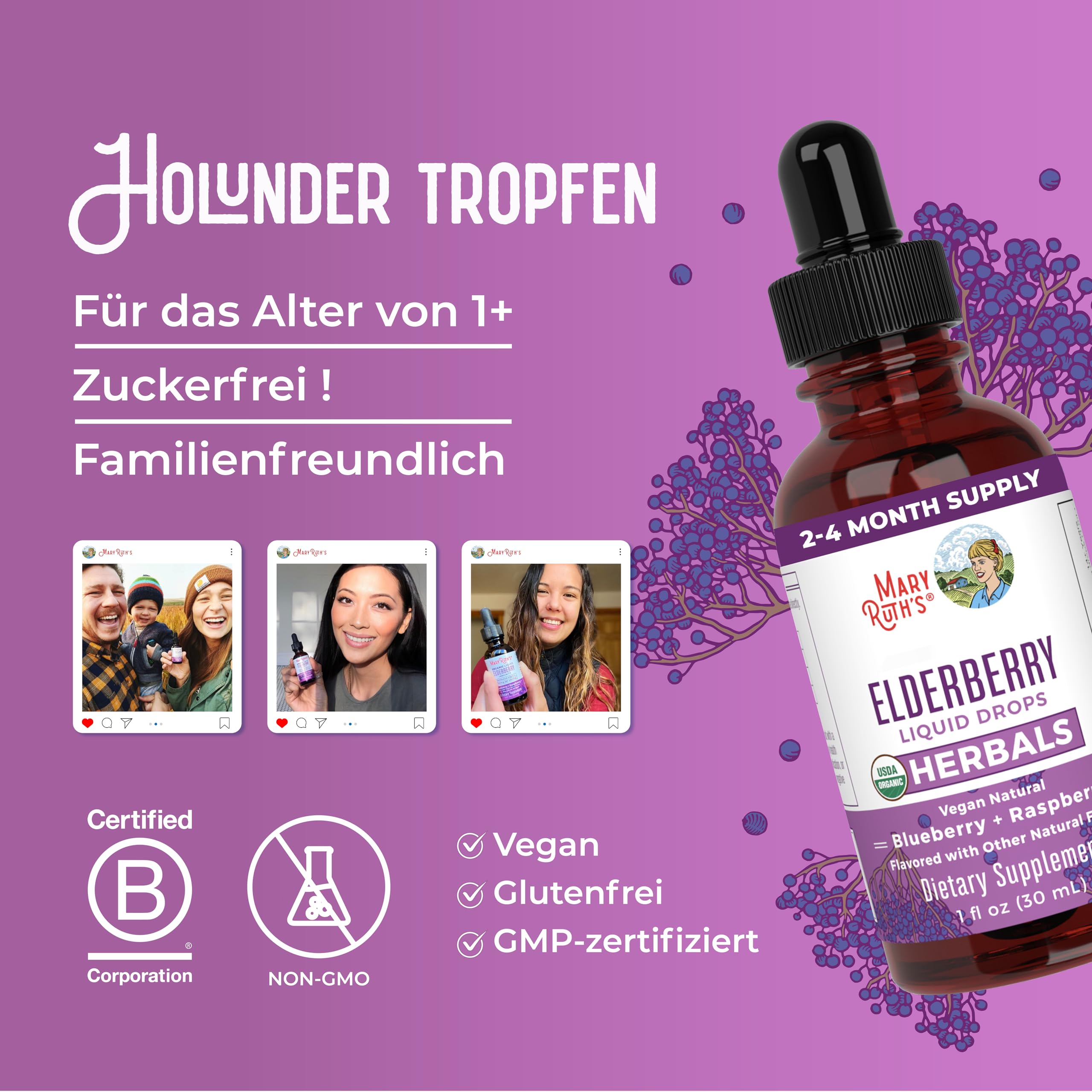 MaryRuth's, Elderberry Drops, 30ml, 150mg Holunder-Extrakt je Dosis, Holunder-Blaubeergeschmack, Vegan, Glutenfrei, Sojafrei, GMO frei