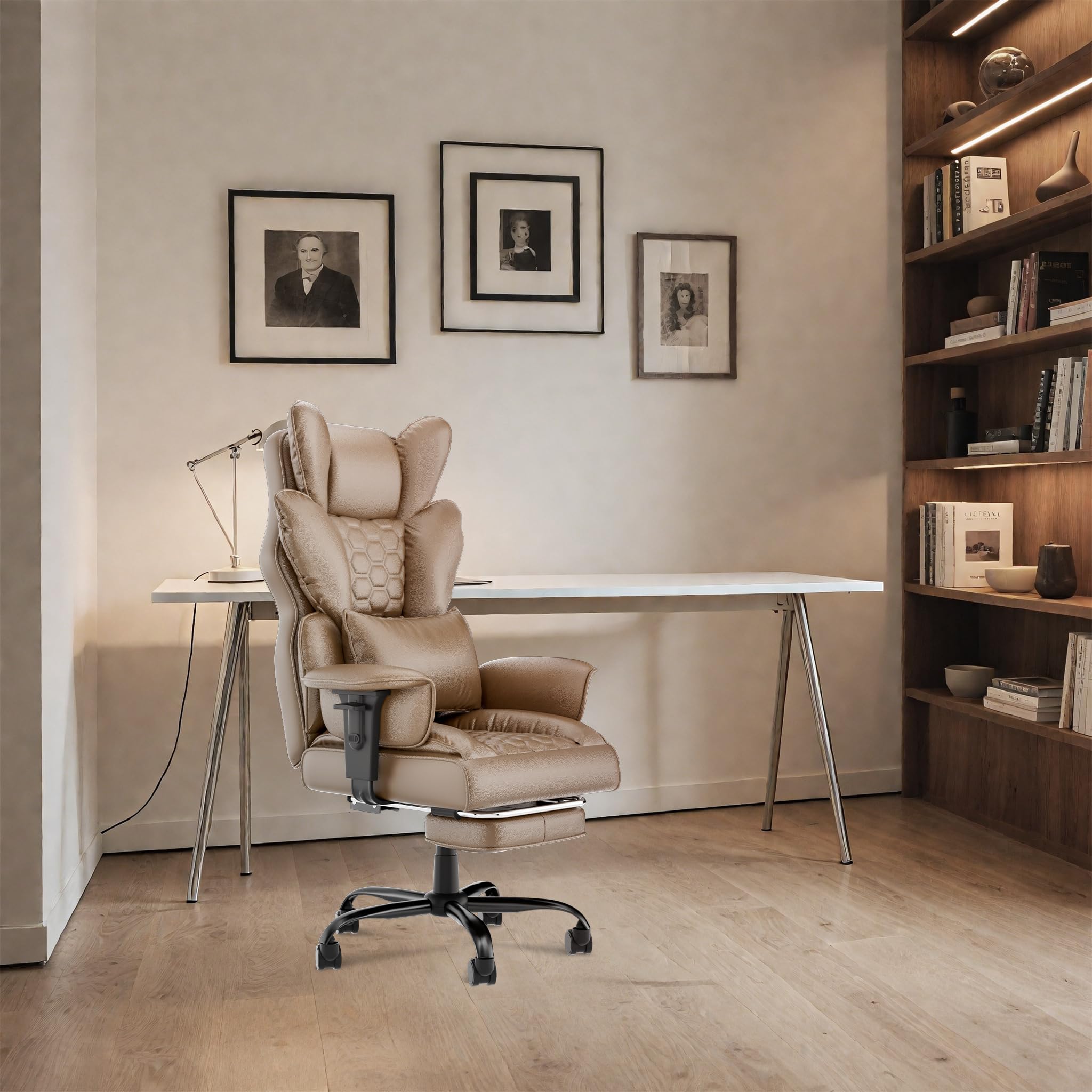 LZQ Ergonomischer Bürostuhl Leder Chefsessel mit Fußstütze, Gaming Stuhl Computerstuhl aus PU, 90-150° Verstellbare Rückenlehne, Höhenverstellbare Armlehnen, 150kg Belastbar für Büro, Braun