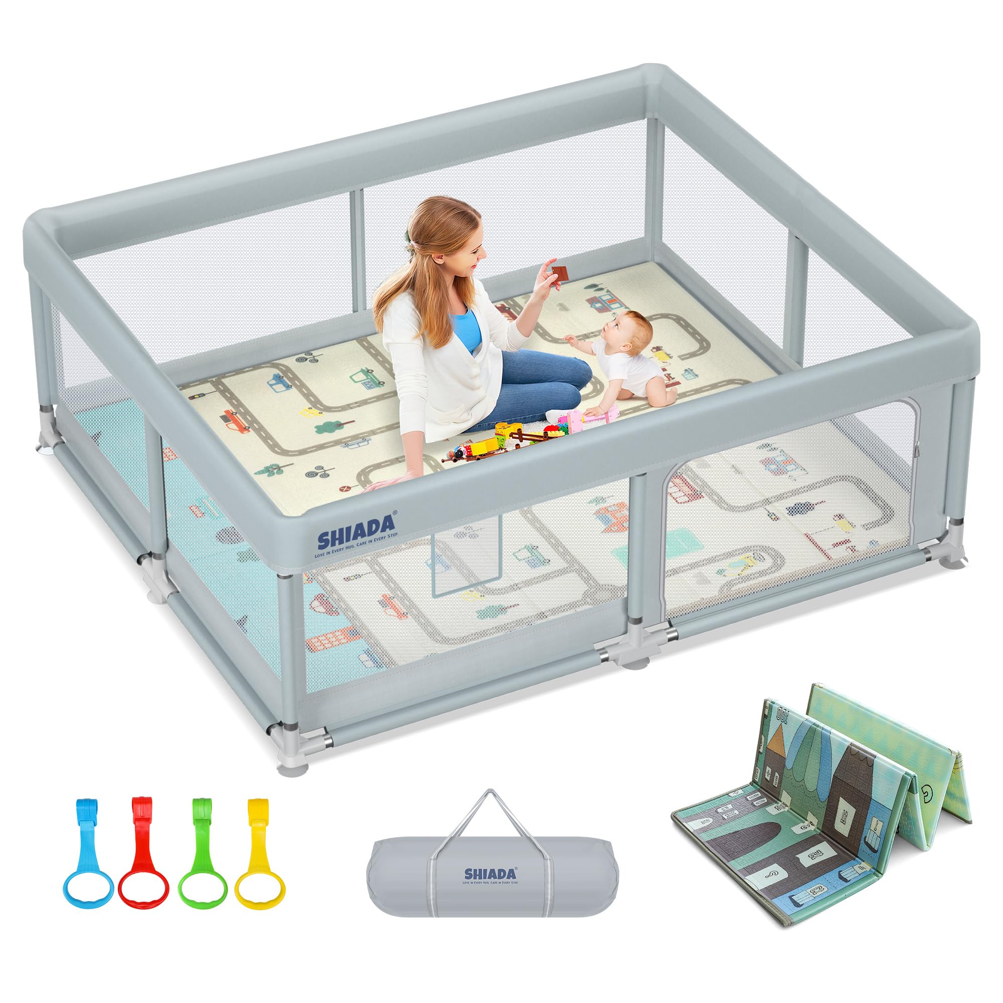 SHIADABaby Playpen with Mat 71x59 Playpen for Babies and Toddlers,Baby Play Pen,Indoor & Outdoor Activity Center,Kids Playpen with Gate,Safety Baby Fence Play Area with Breathable Mesh(Gray)
