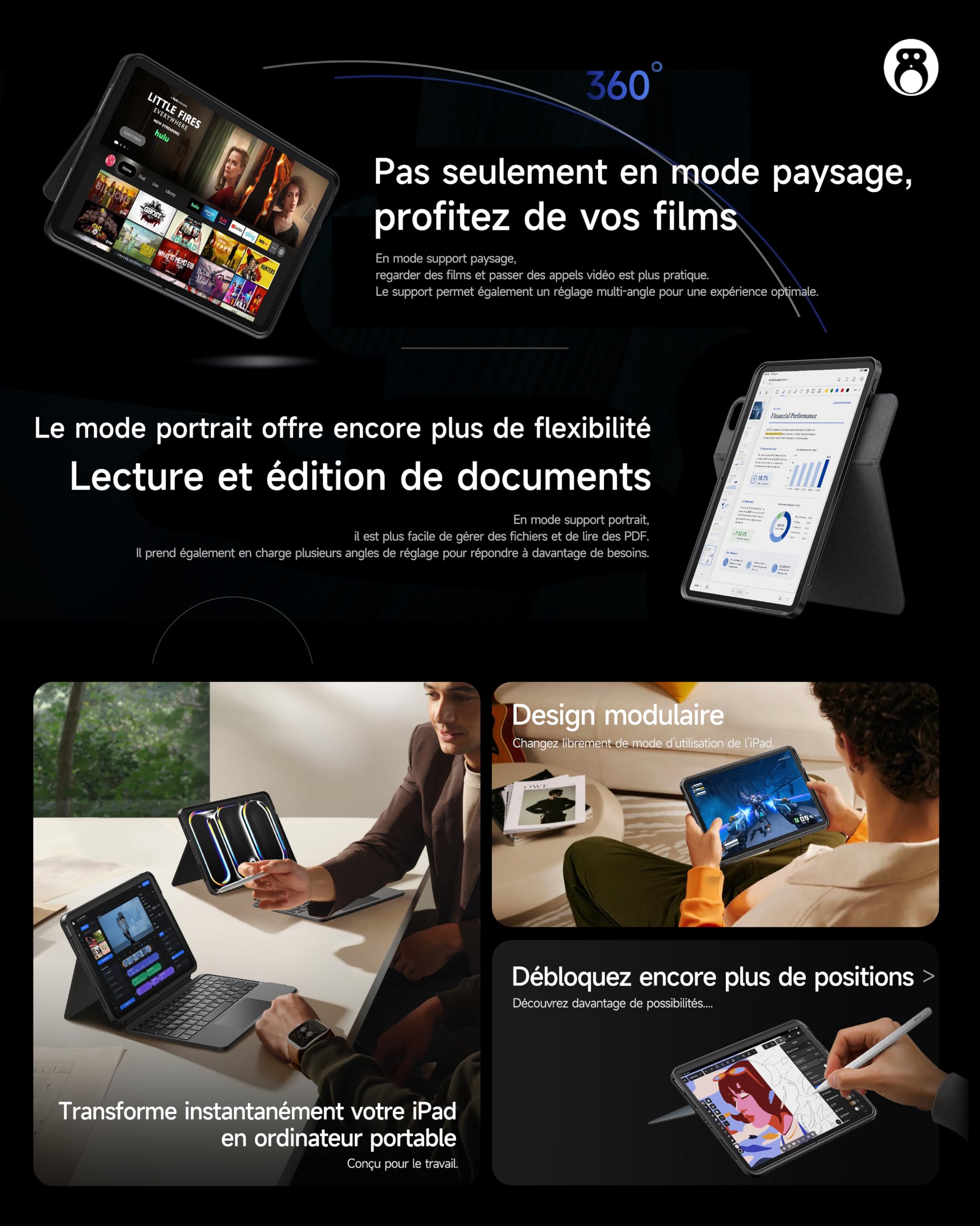 HOU Clavier Rotative pour iPad Air 13" M4/M3/M2, Coque Magnétique Détachable avec Clavier pour iPad Pro 13" M5/M4 et Pro 12.9" 6e/5e/4e/3e génération, avec Pavé Tactile, Rétroéclairage - Noir