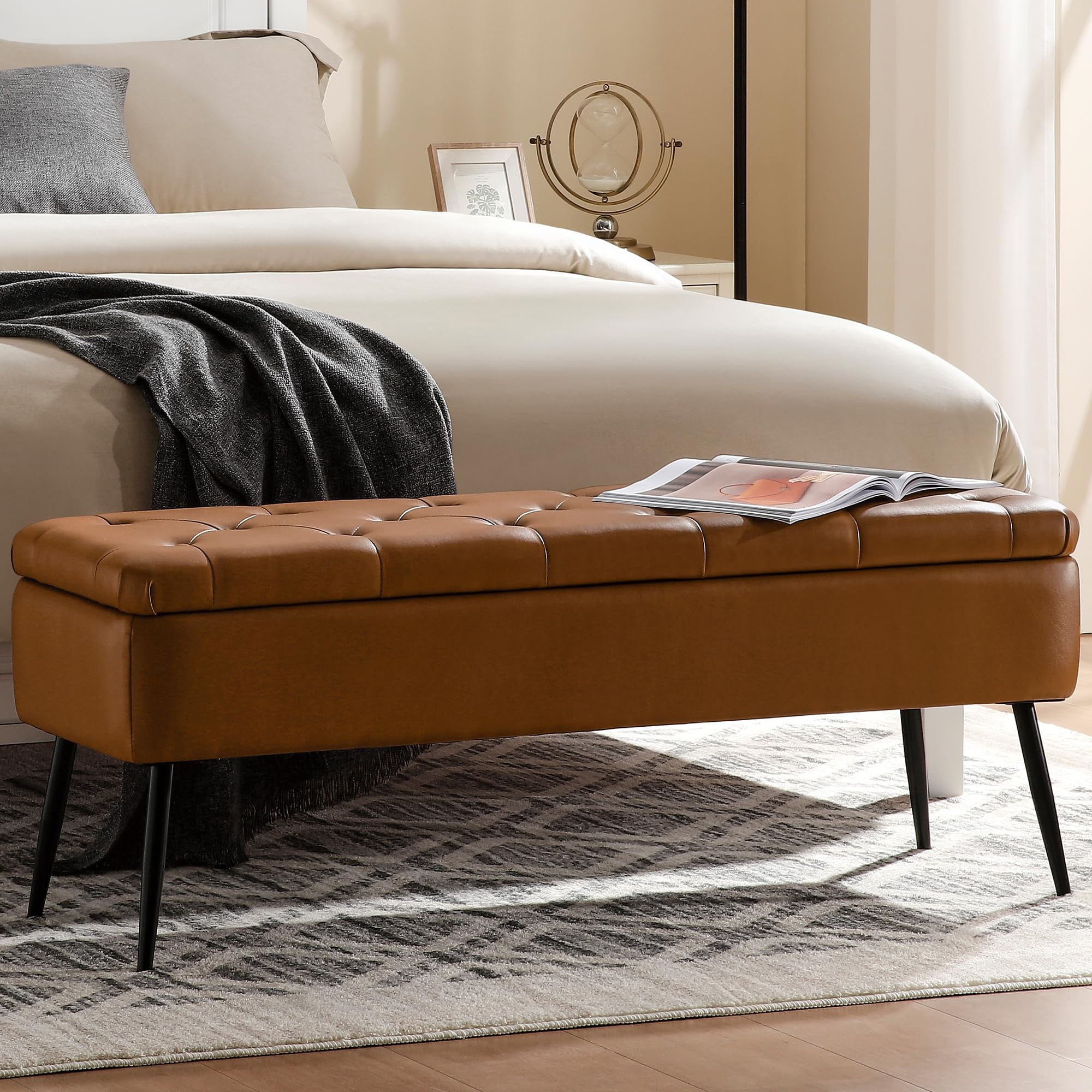 Leather Storage Ottoman Bench,End of Bed Bench for Living Room Bedroom Dinning Room Entryway,Mid-Century Modern, with Steel Legs,Safety Hinges, Loads 660 lb (with Button, Brown)
