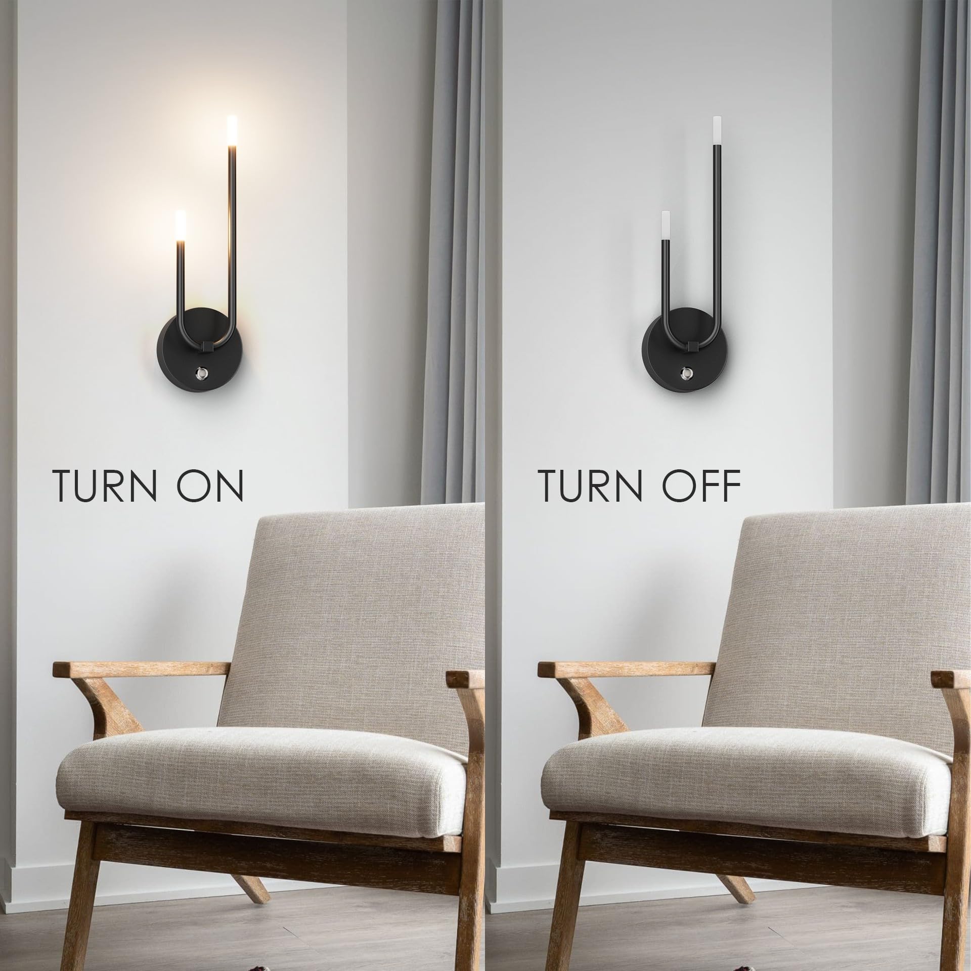 Aipsun Black Battery Operated Wall Sconce Set of 2, Modern LED Stepless Dimming Rechargeable Wall Sconce Indoor Wireless Wall Lights for Bedroom,Living Room,Hallway Warm Light 3000K