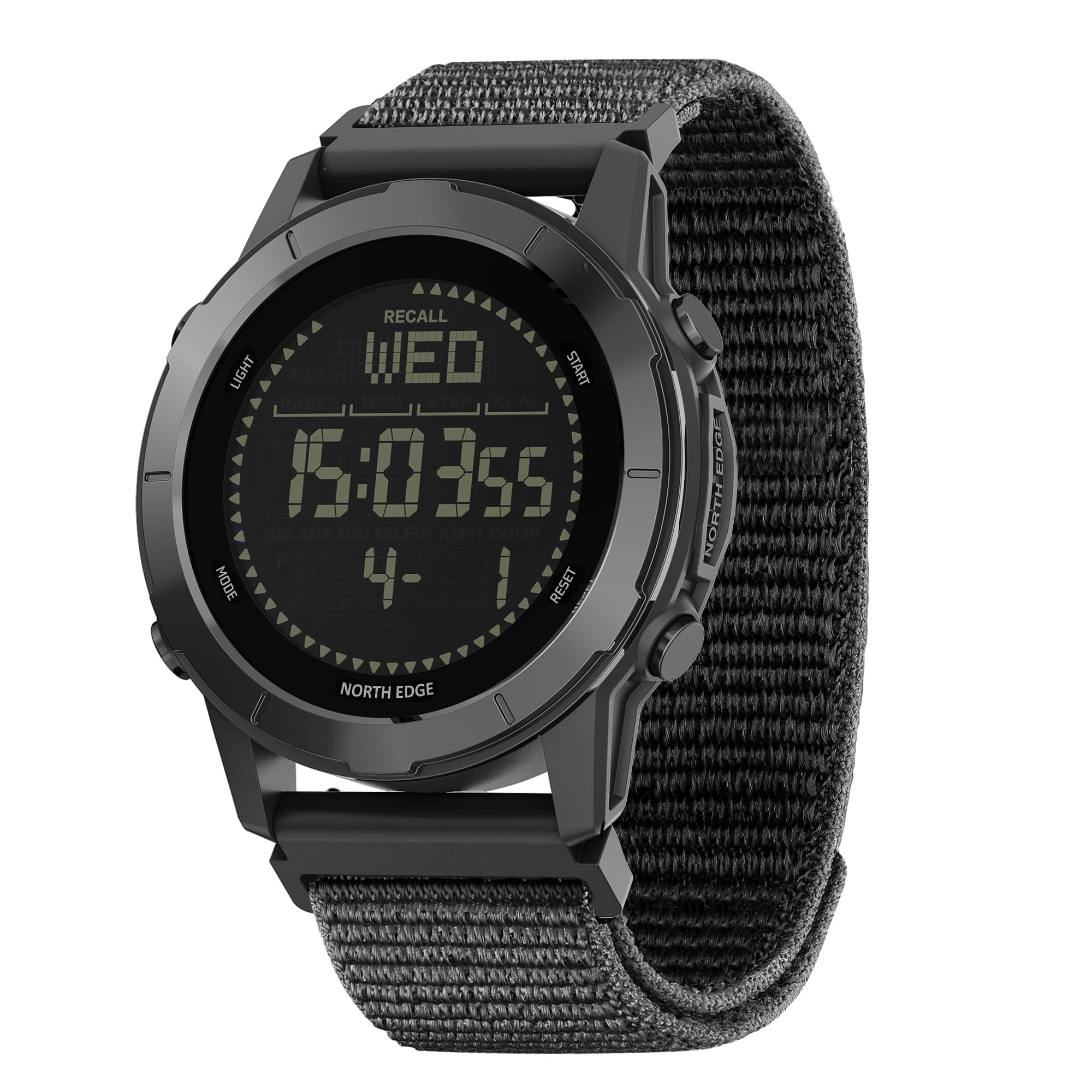 NORTH EDGE LITECORE Digital Outdoor Watch with Pedometer & Compass | 50M water resistant, pedometer, compass, stopwatch, countdown, alarm, metronome, EL backlight, nylon strap-image-14
