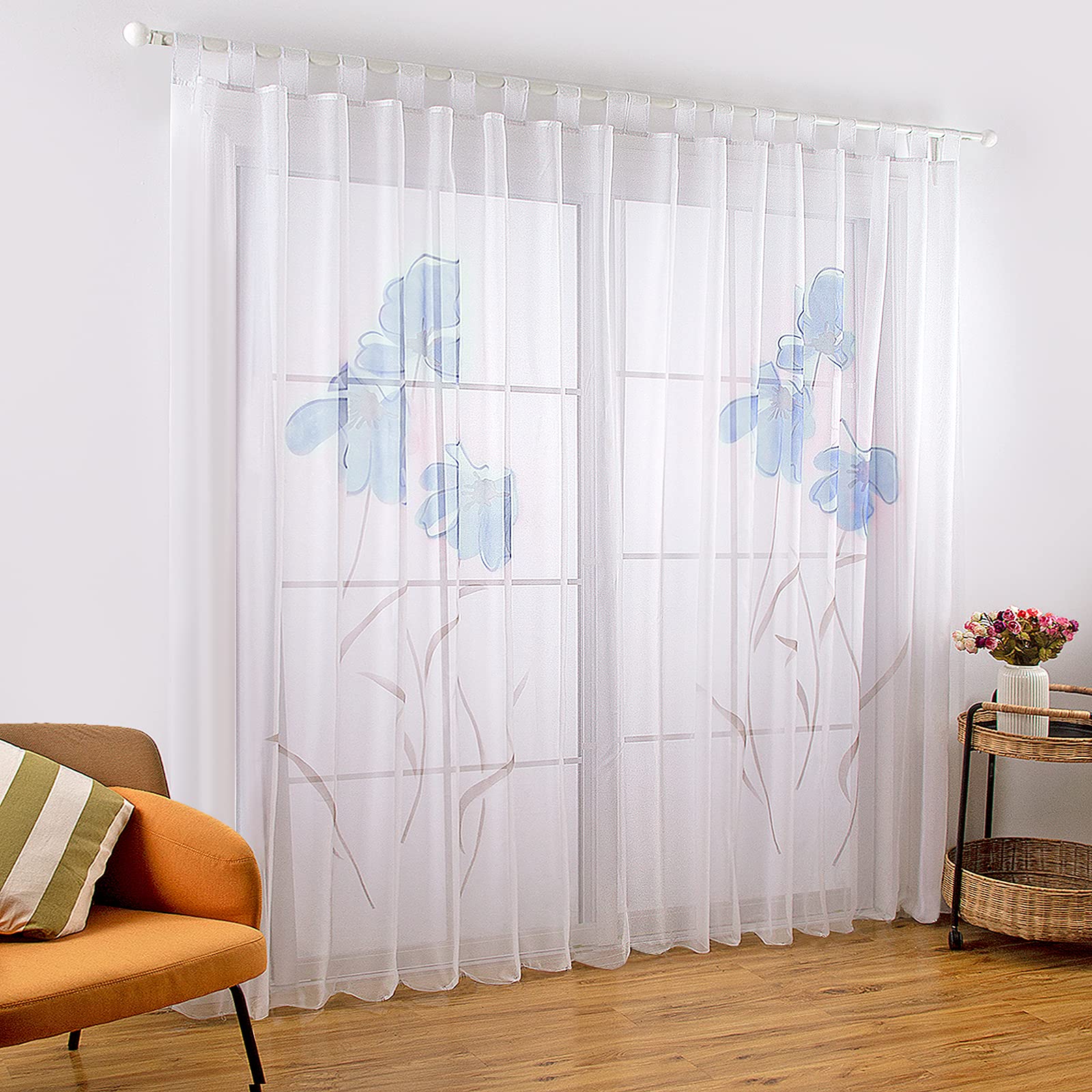 SIMPVALE 2 Pezzi Tende Della Soggiorno a Garofano Stampato Floreale Manuale Trattamento Delle Finestre per Sala, larghezza 150 cm, Blu, Altezza 270cm