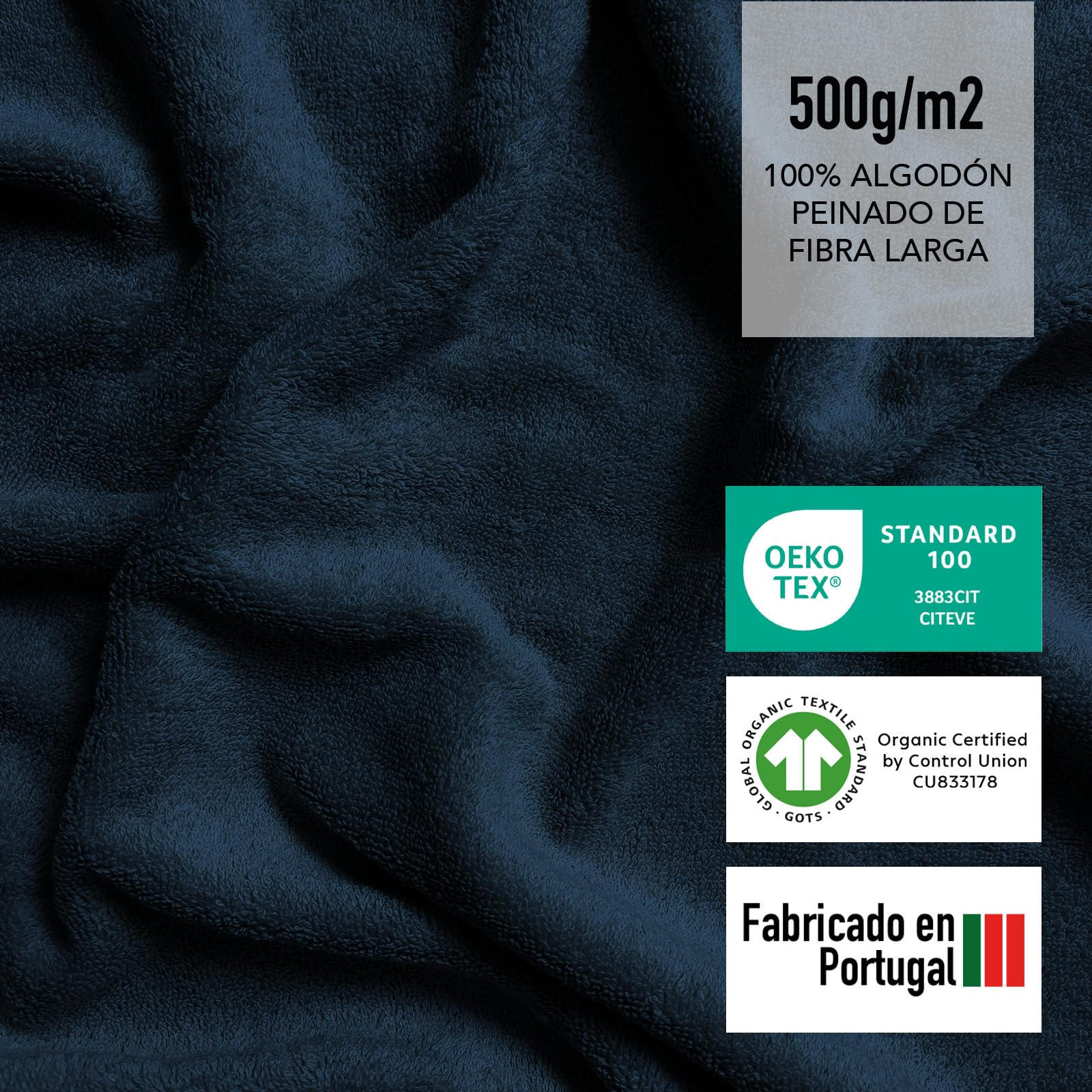 SLEEPZEN - Juego de Toallas de Baño 100x150, Juego de 2 - Azul Poseidón, Algodón Orgánico Certificado Gots - 500 gsm - Ultra absorbentes, Extra Suaves - Fabricadas en Portugal - Certificadas Oeko-Tex
