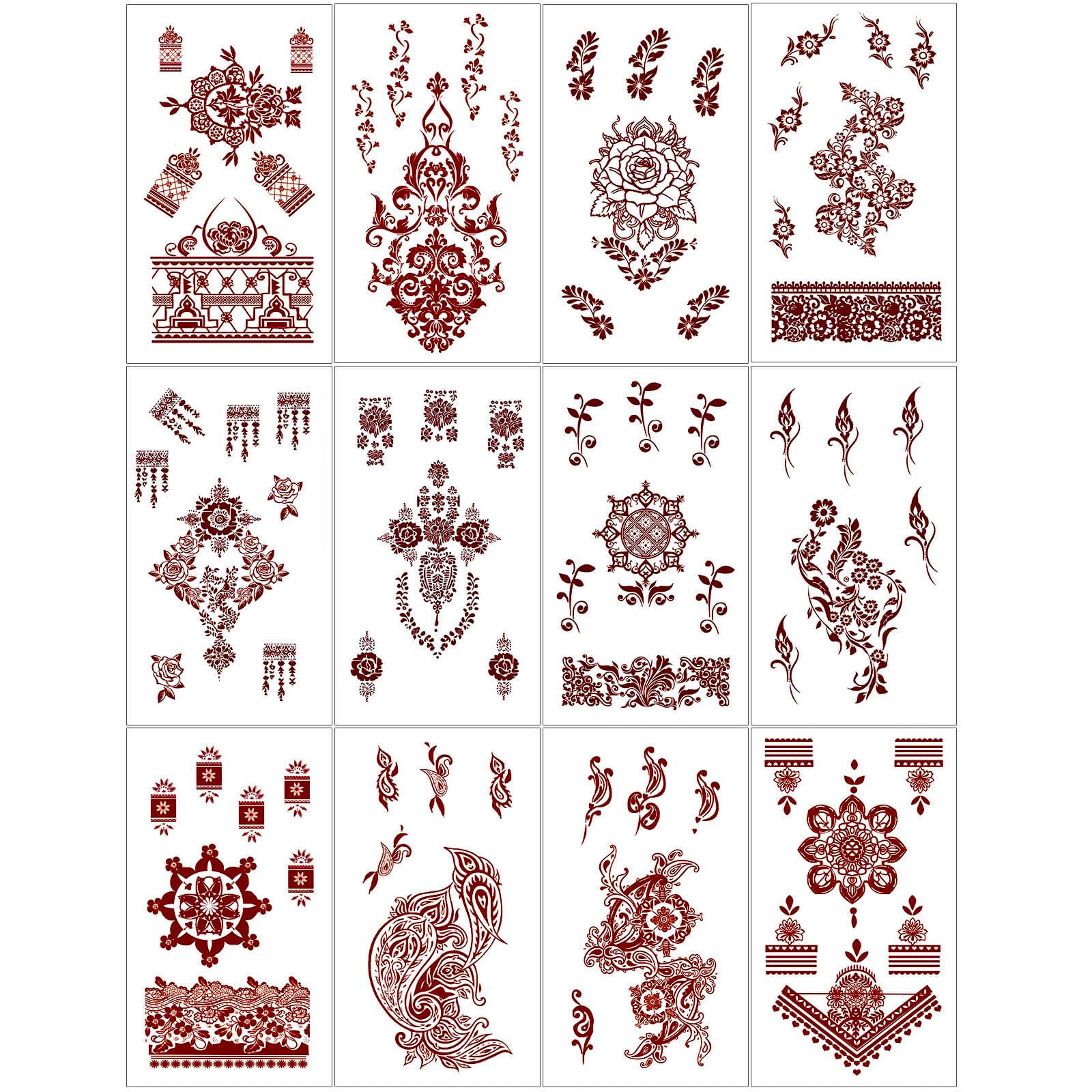 Henna Tattoo 12 Sheets Red Brown Henna Mehndi Temporary Tattoos for Women and Teen Girl, Waterproof Realistic Fake Tattoos for Wedding Beach Rave Festival Party Makeup Body Paint Parties Friends etc Red Brown Henna - B (12 Sheets)