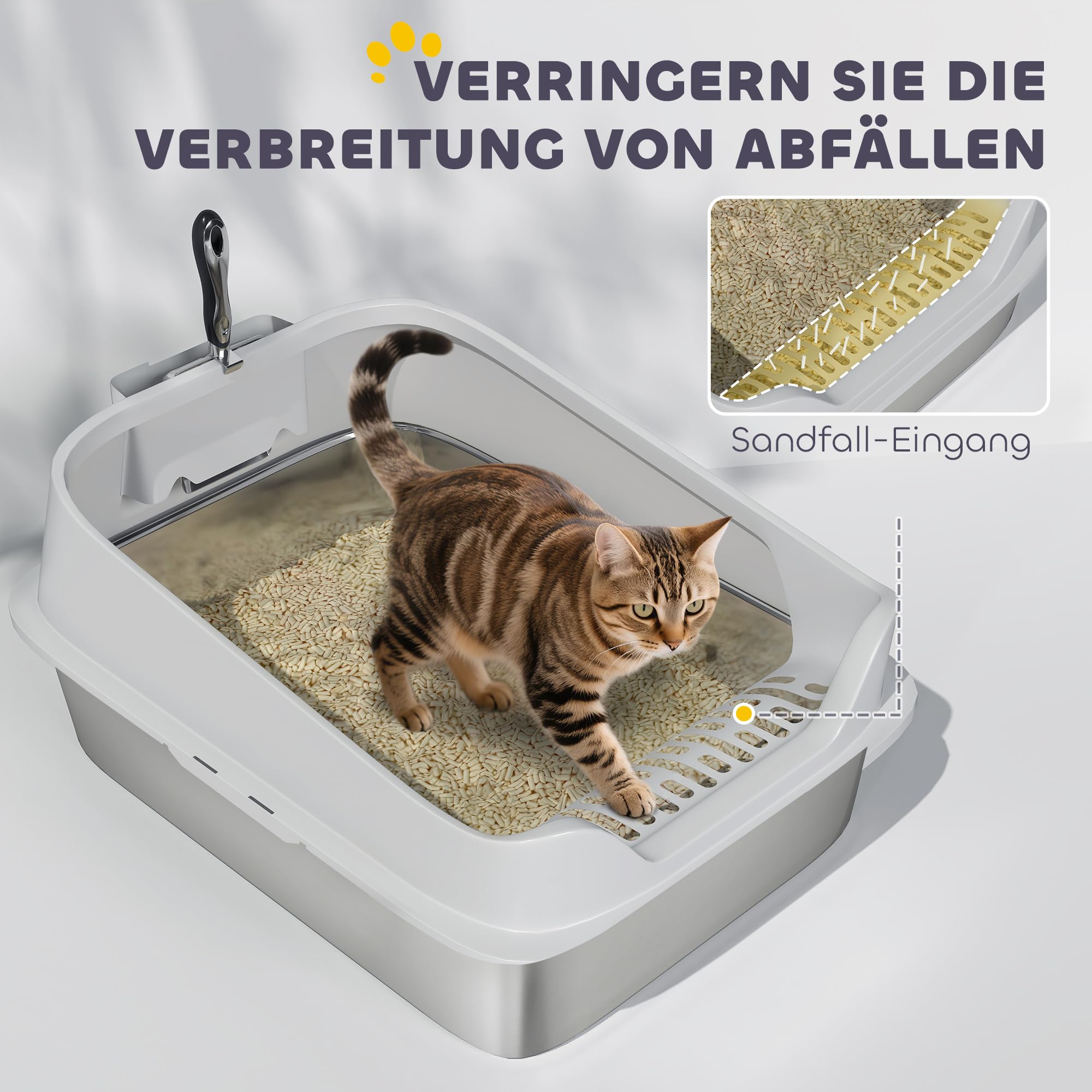 PawHut Katzentoilette Edelstahl XXL für Katzen 60,2 x 40,2 x 29,7 cm Grau | Edelstahl, Offene Katzenklo Ohne Deckel, Mit Schaufel, Hohem Rand, Cat Litter Box, Bis 7 kg