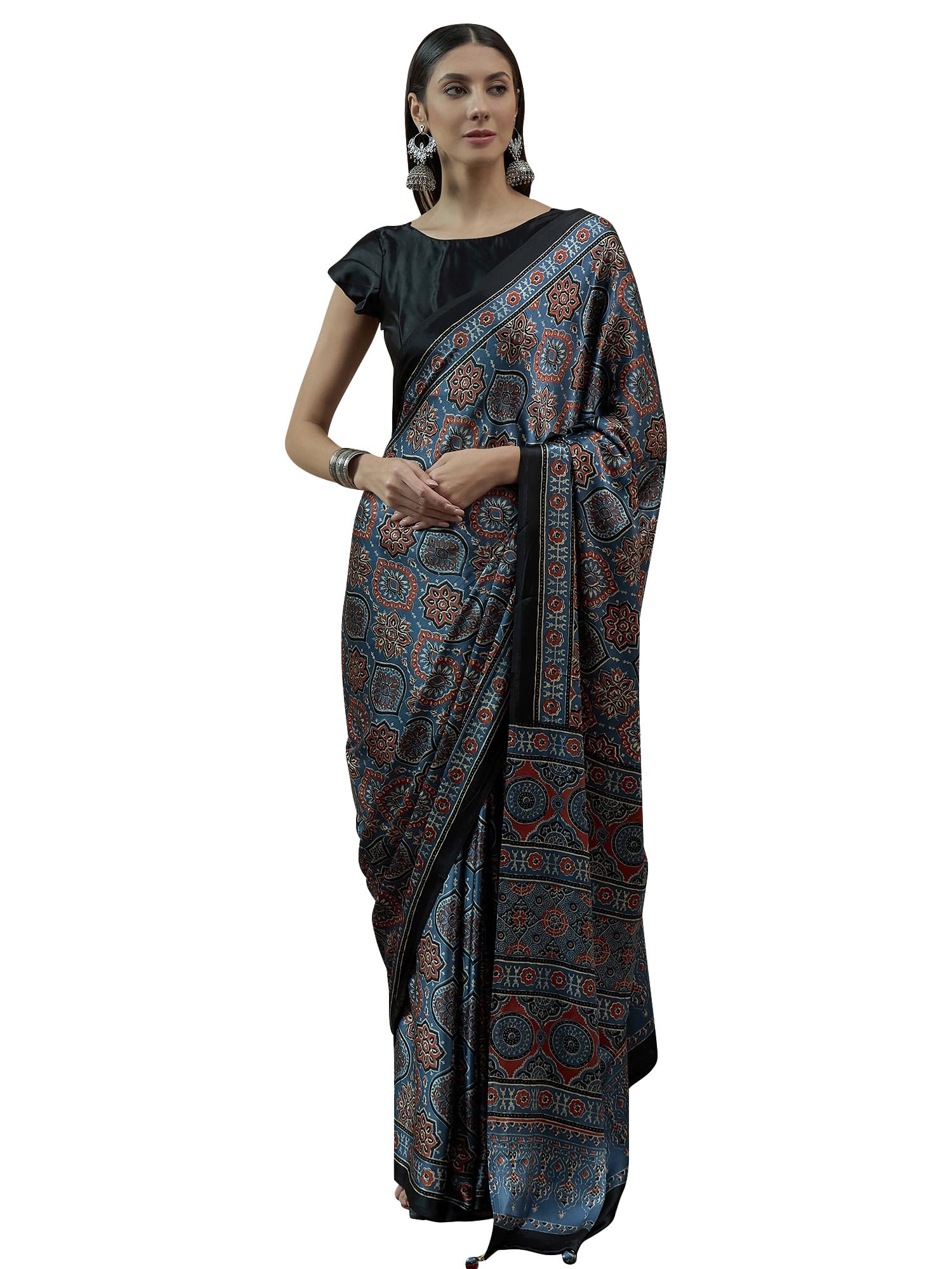 Women's Pure Crepe Ajrak Printed Saree With Unstitched Blouse (MOHAR701_HS_Parent)-image-23
