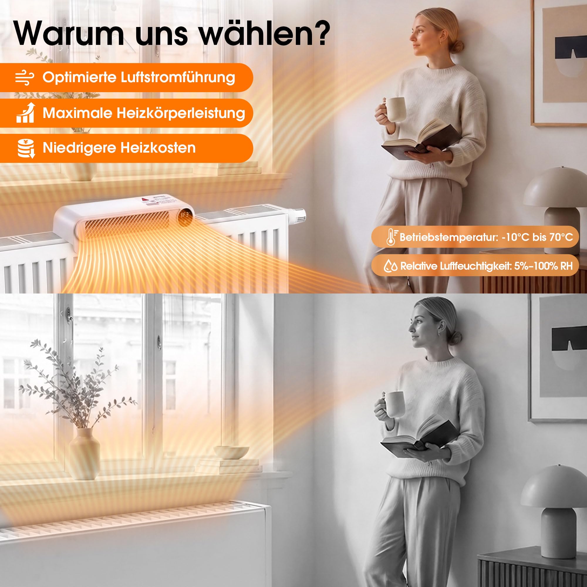 Heizkörperventilator, 4-Gang Heizkörperlüfter, Turbo, Leise, Auto-Modus